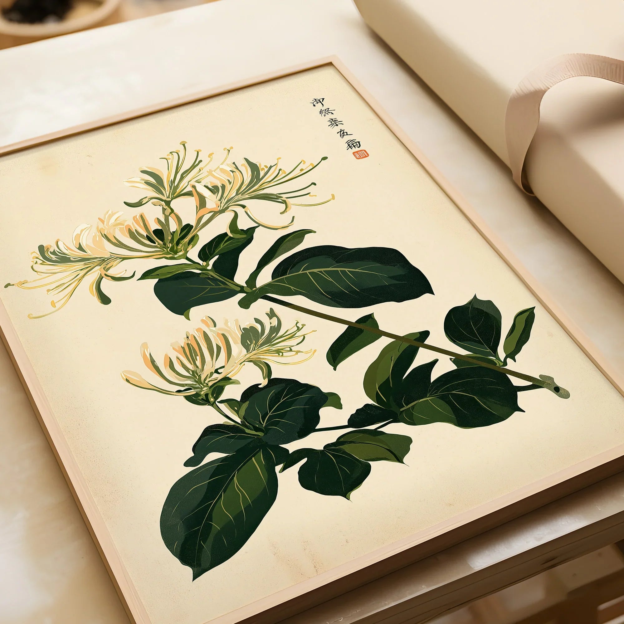 Japanese Honeysuckle Art Print – Vintage Botanical Wall Art — framed art print closeup gift unwrapped natural frame