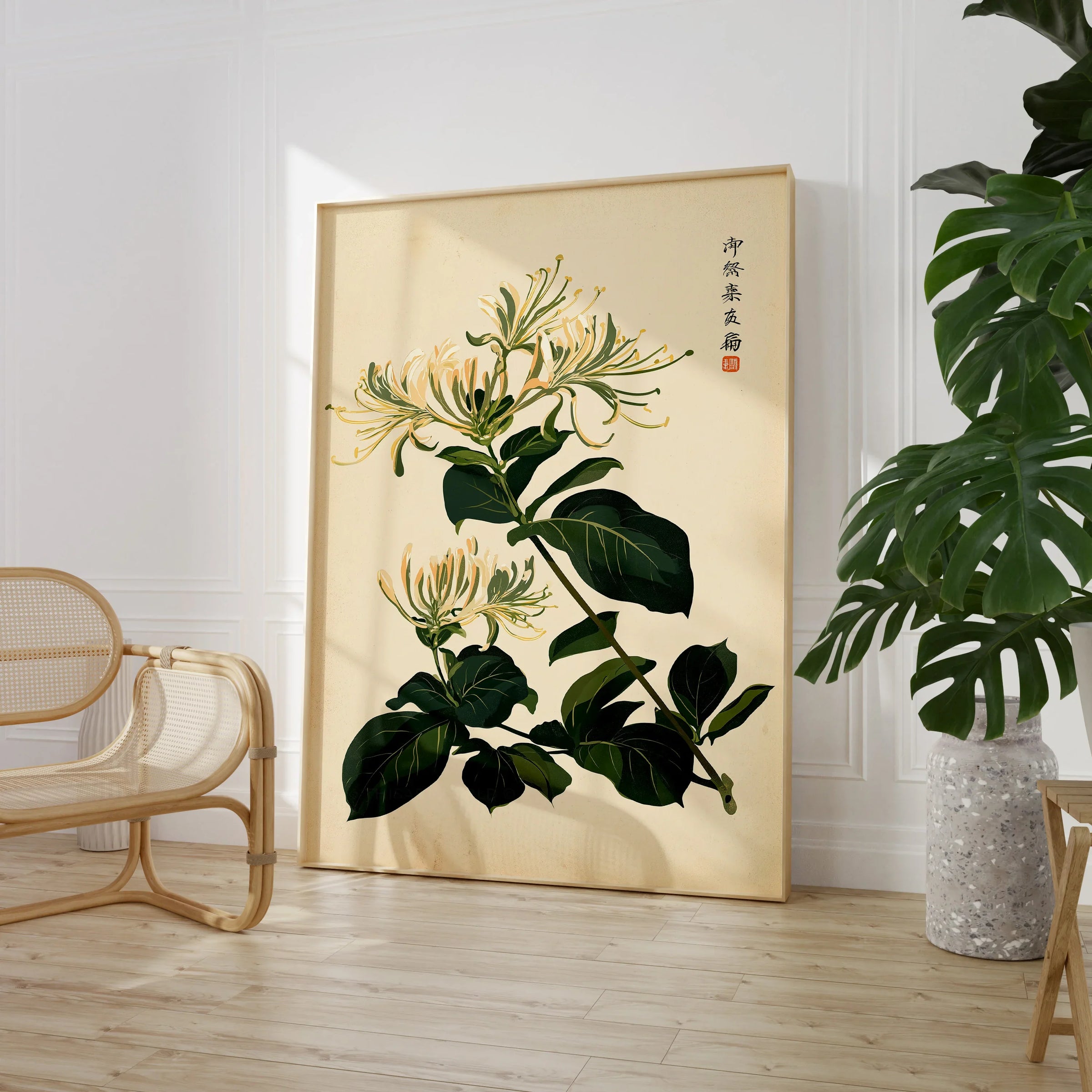 Japanese Honeysuckle Art Print – Vintage Botanical Wall Art — large framed print room setting chair plant