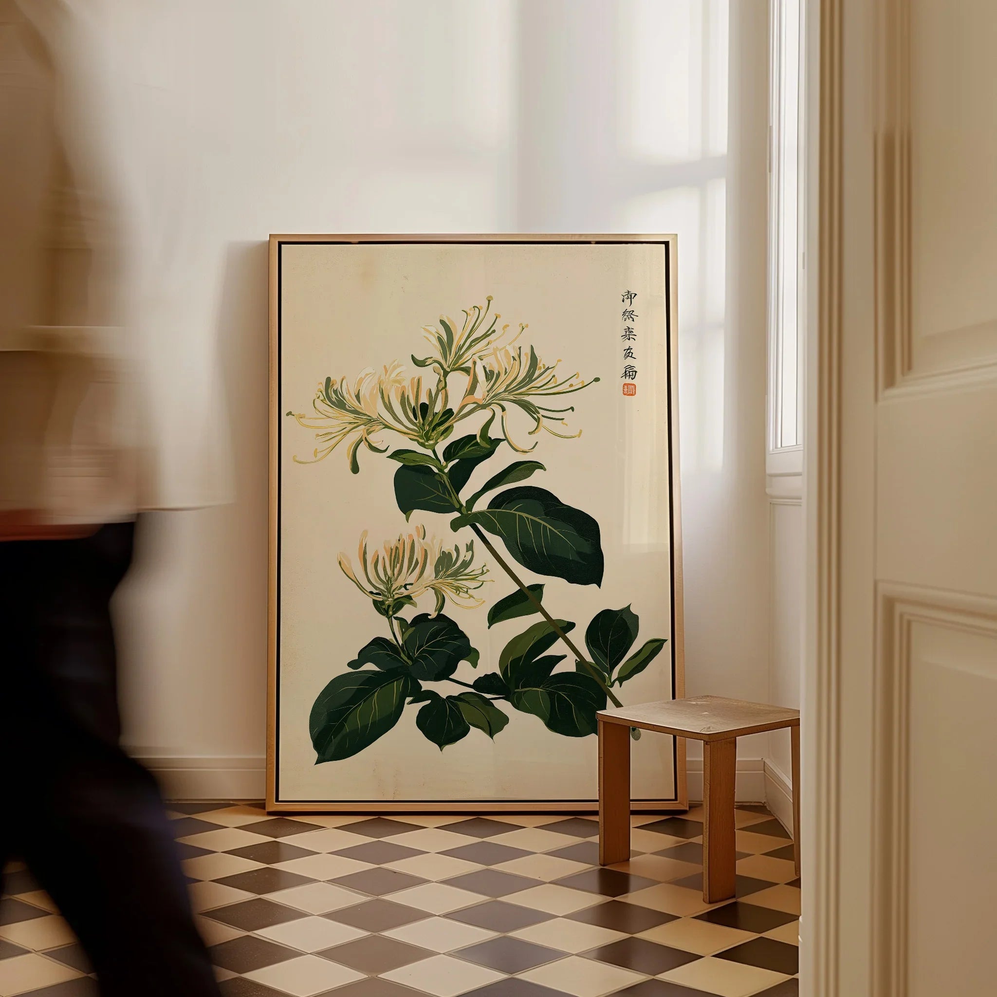 Japanese Honeysuckle Art Print – Vintage Botanical Wall Art — framed canvas on floor man walking past