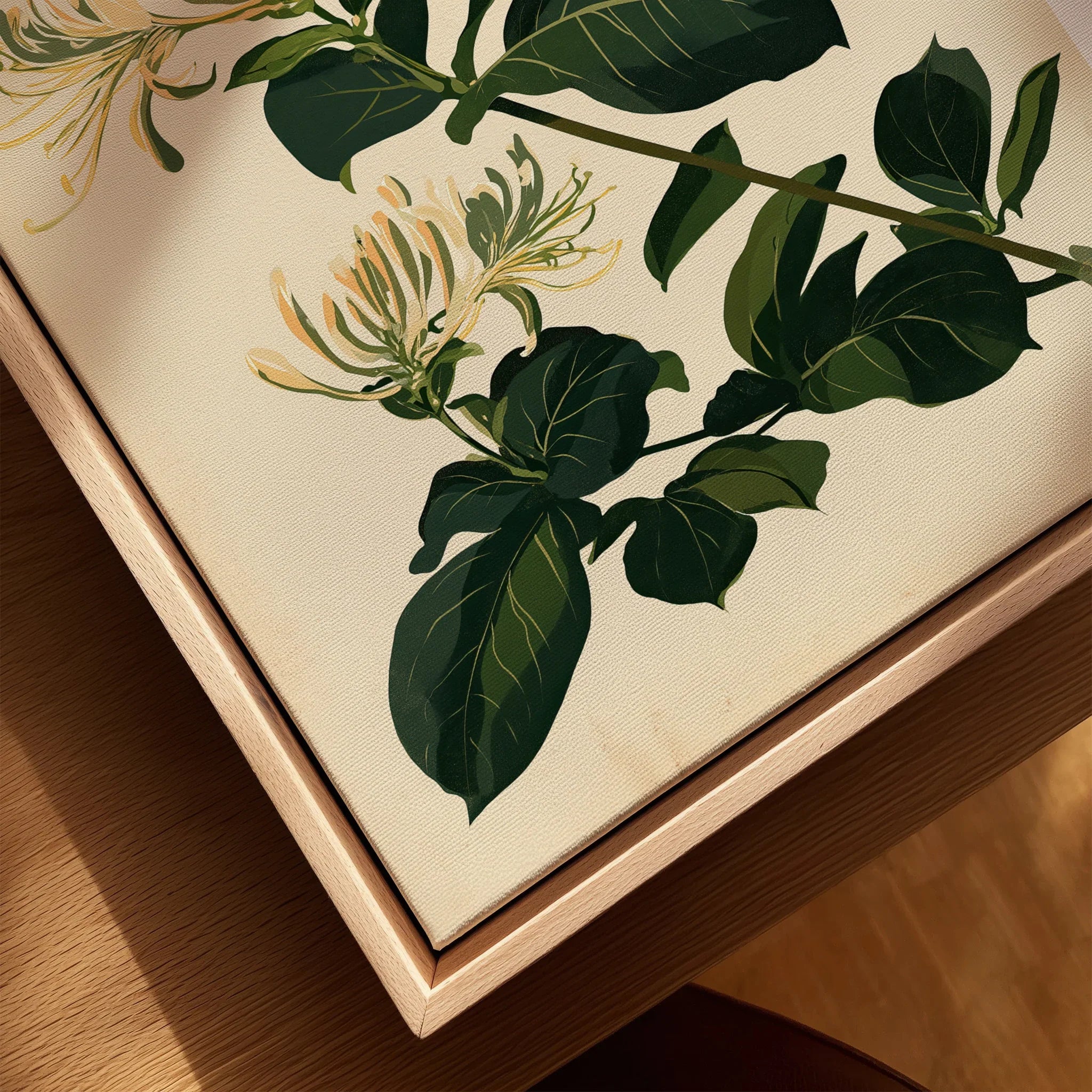 Japanese Honeysuckle Art Print – Vintage Botanical Wall Art — closeup framed canvas natural wood floating frame