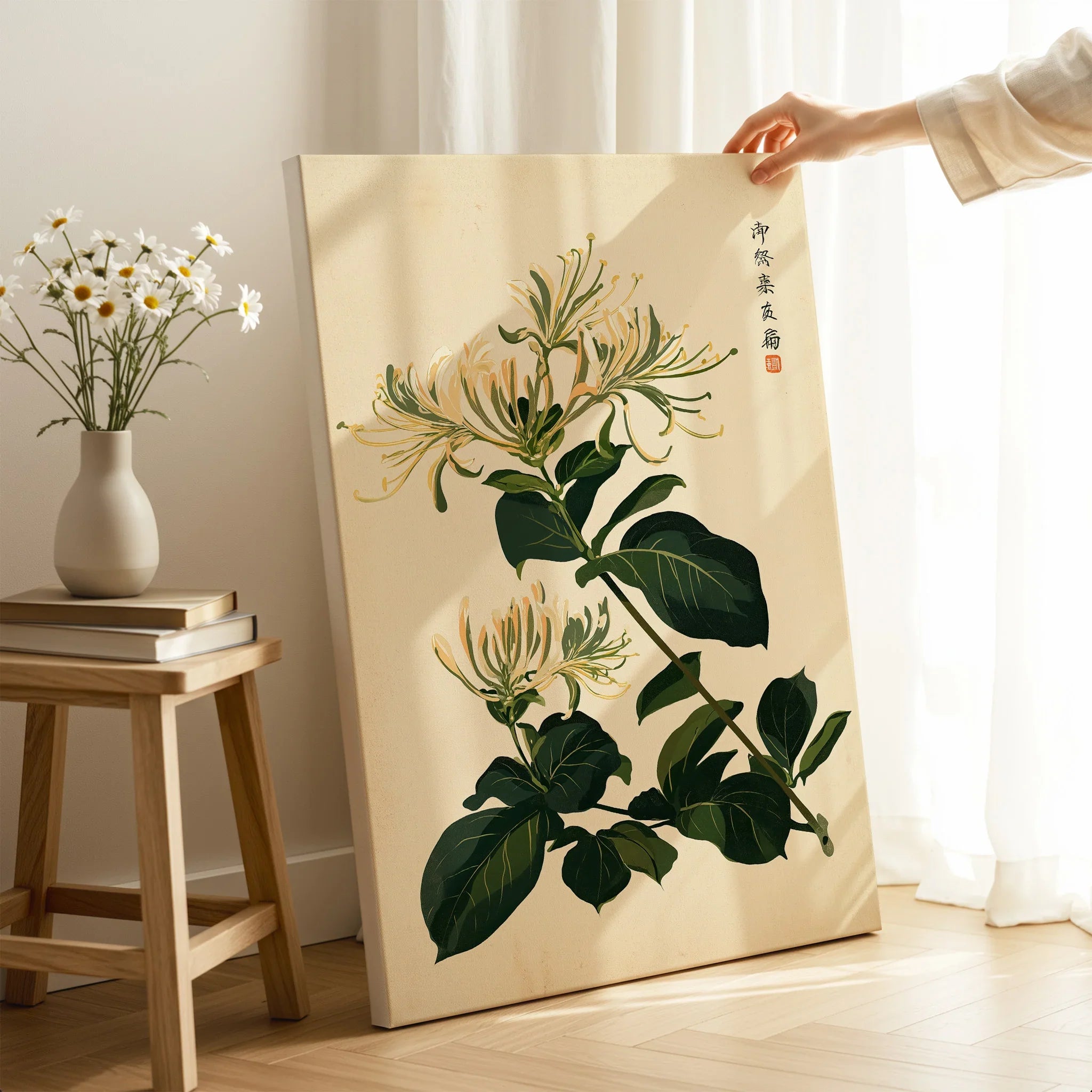 Japanese Honeysuckle Art Print – Vintage Botanical Wall Art — canvas print mirror edge hand holding room setting