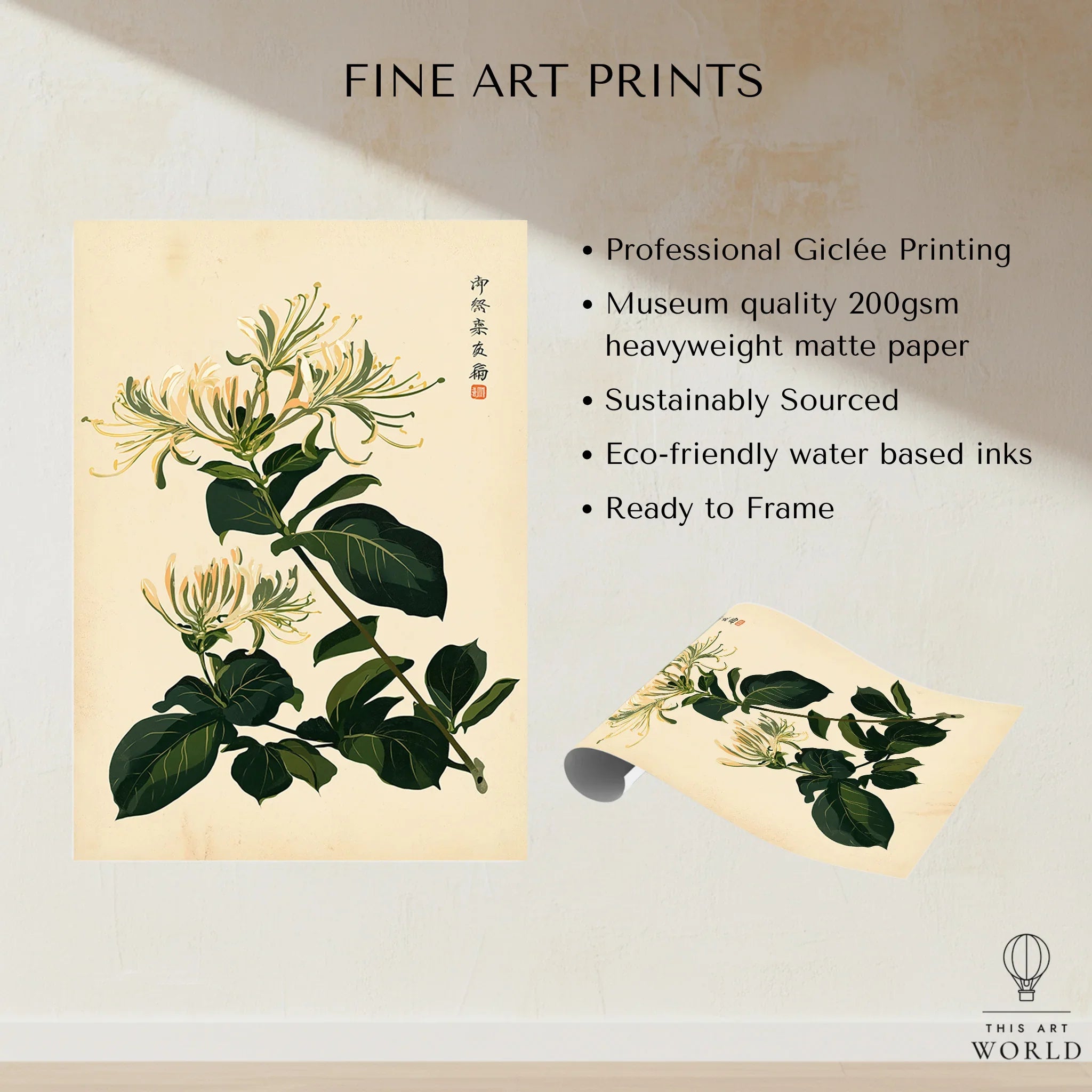 Japanese Honeysuckle Art Print – Vintage Botanical Wall Art — fine art print unframed quality details