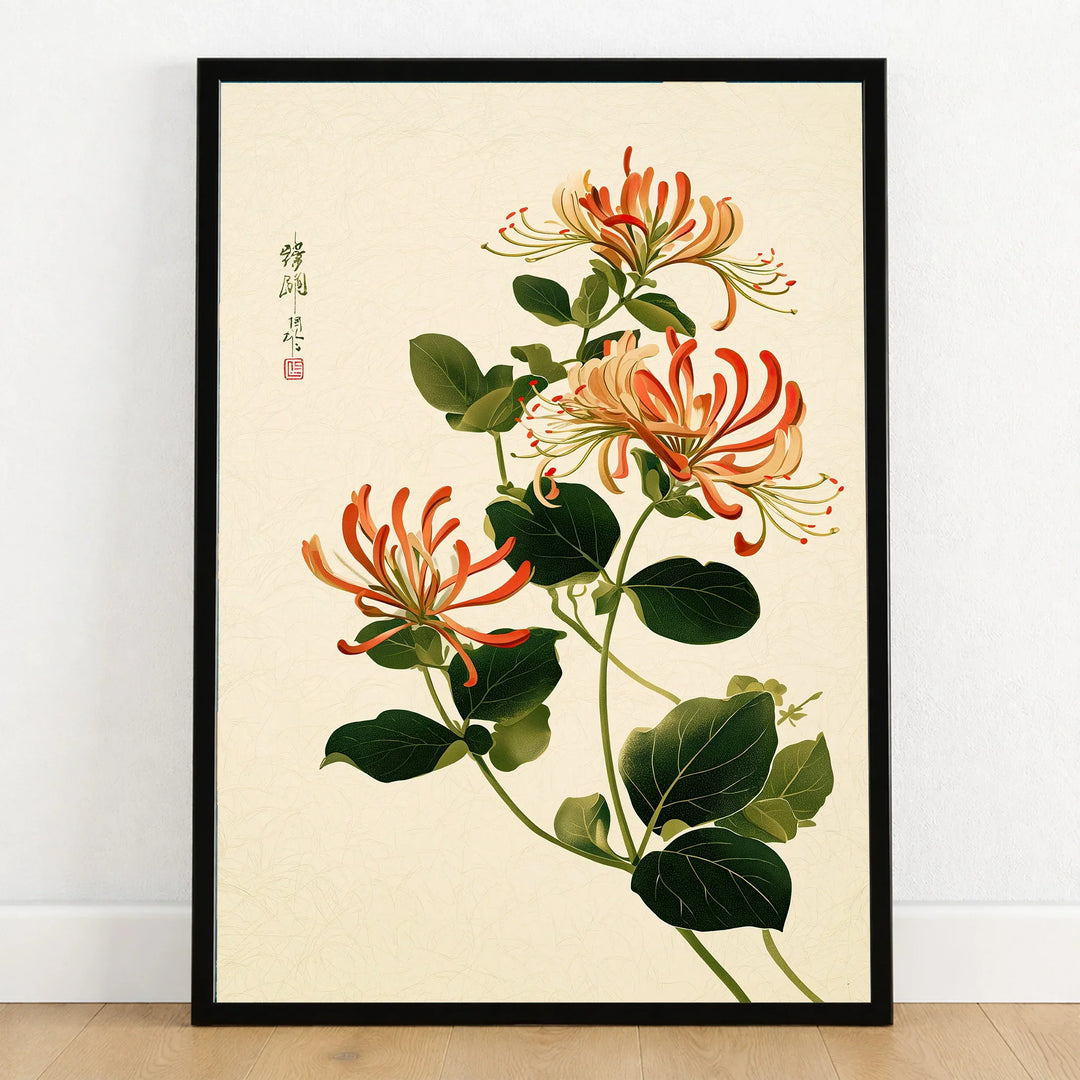 Japanese Floral Art Print – Honeysuckle Botanical Wall Art — art print in black frame on wooden floor