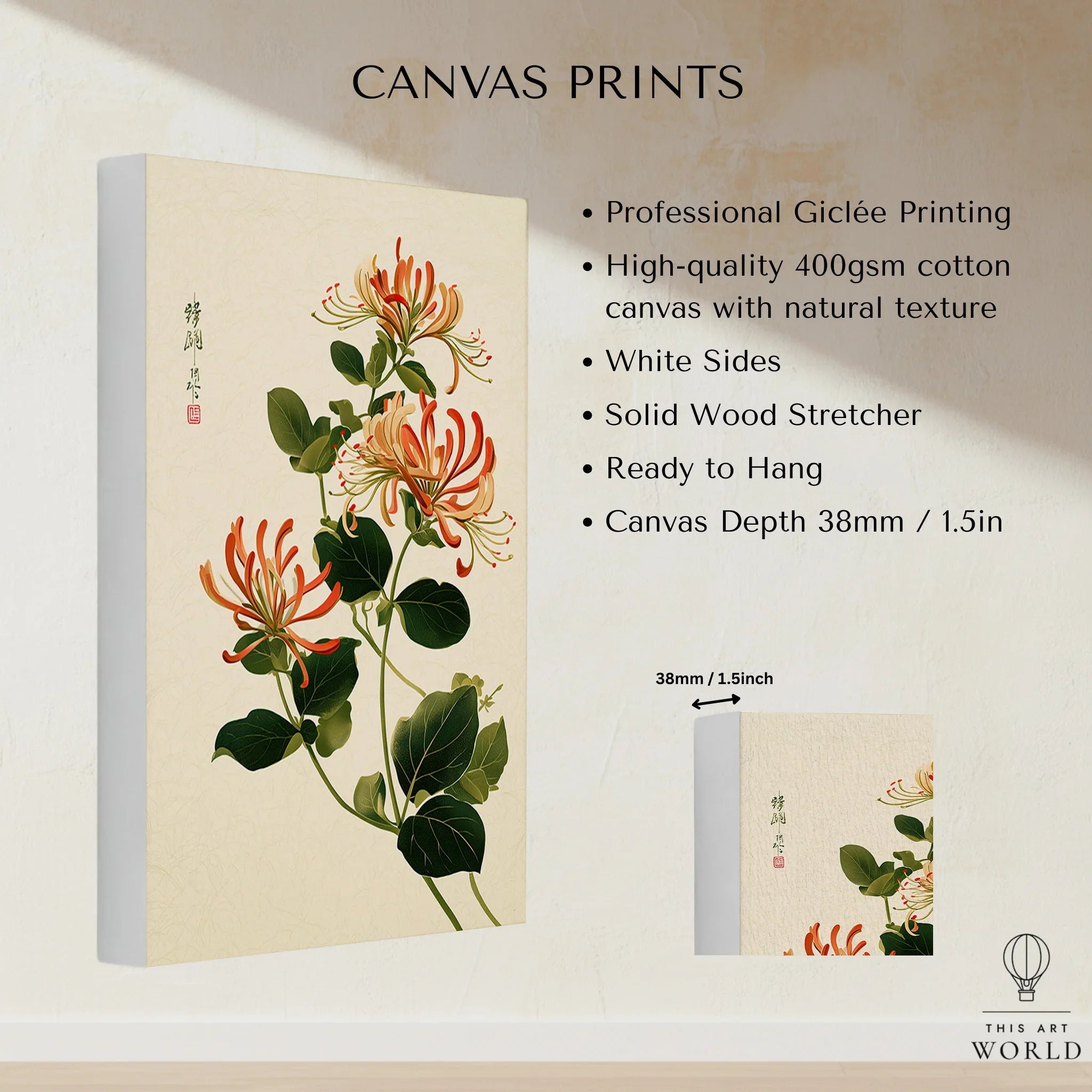 Japanese Floral Art Print – Honeysuckle Botanical Wall Art — canvas print stretched cotton canvas details