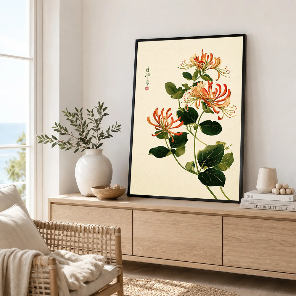 Japanese Floral Art Print – Honeysuckle Botanical Wall Art — framed artwork living room lifestyle setting