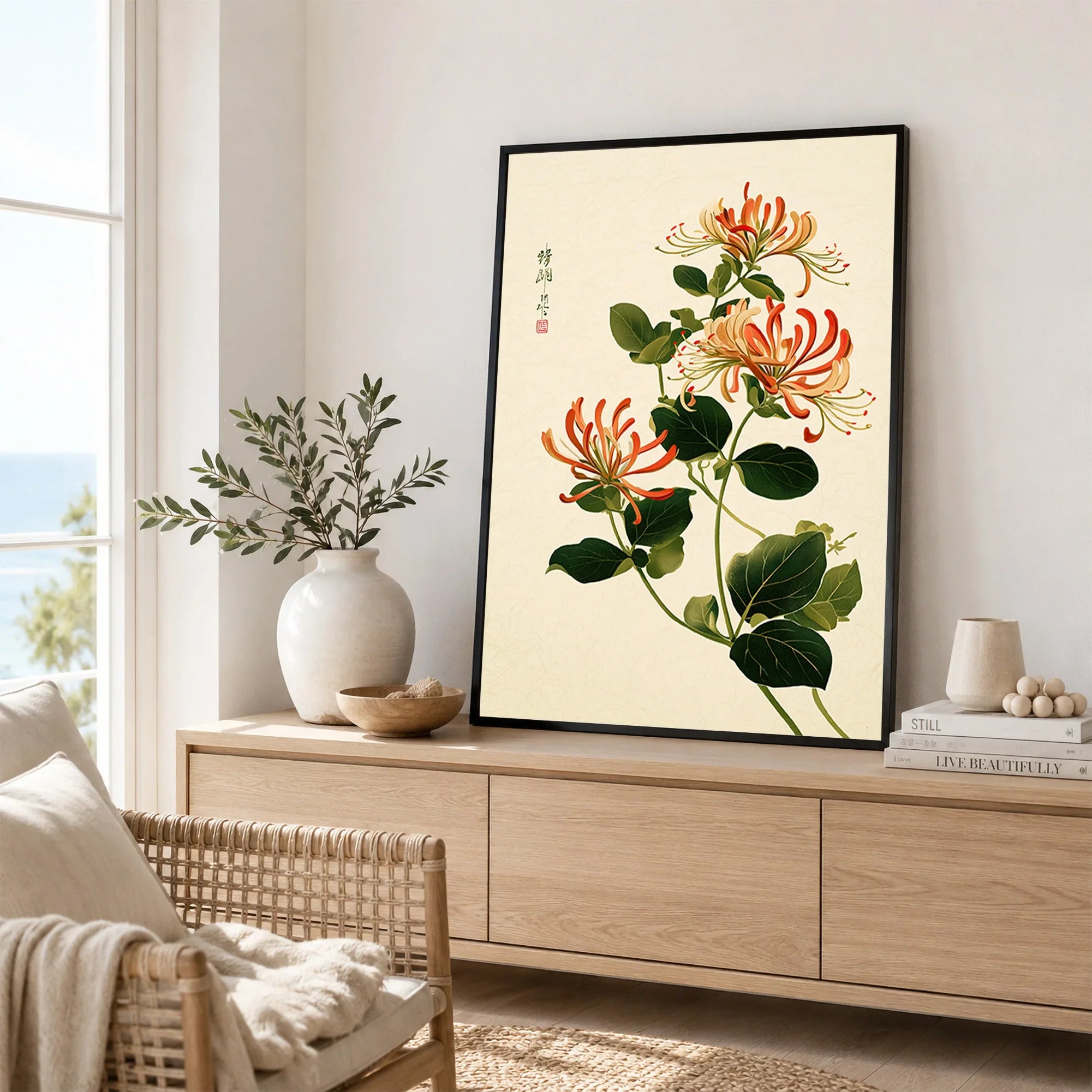 Japanese Floral Art Print – Honeysuckle Botanical Wall Art — framed artwork living room lifestyle setting