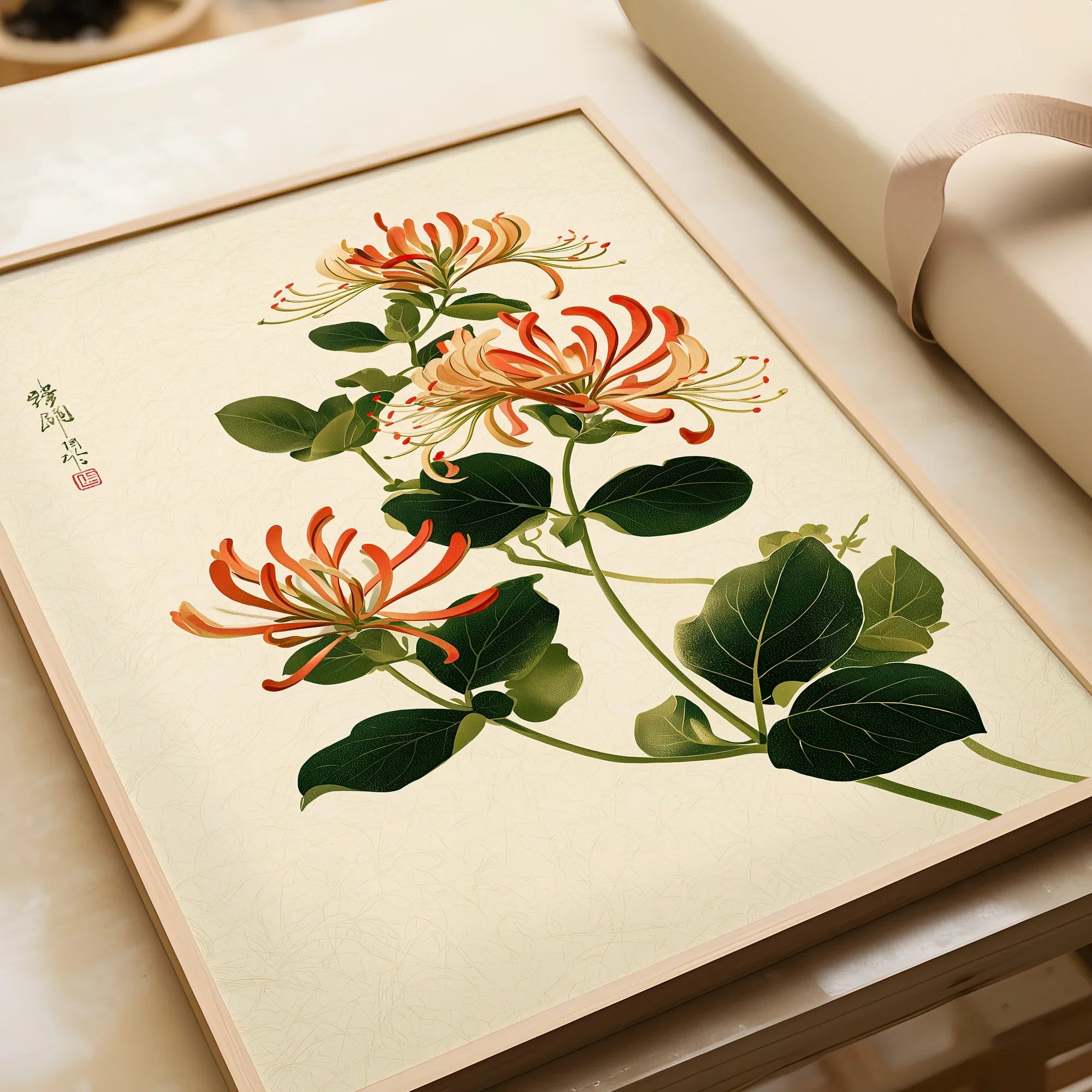 Japanese Floral Art Print – Honeysuckle Botanical Wall Art — framed art print closeup gift unwrapped natural frame