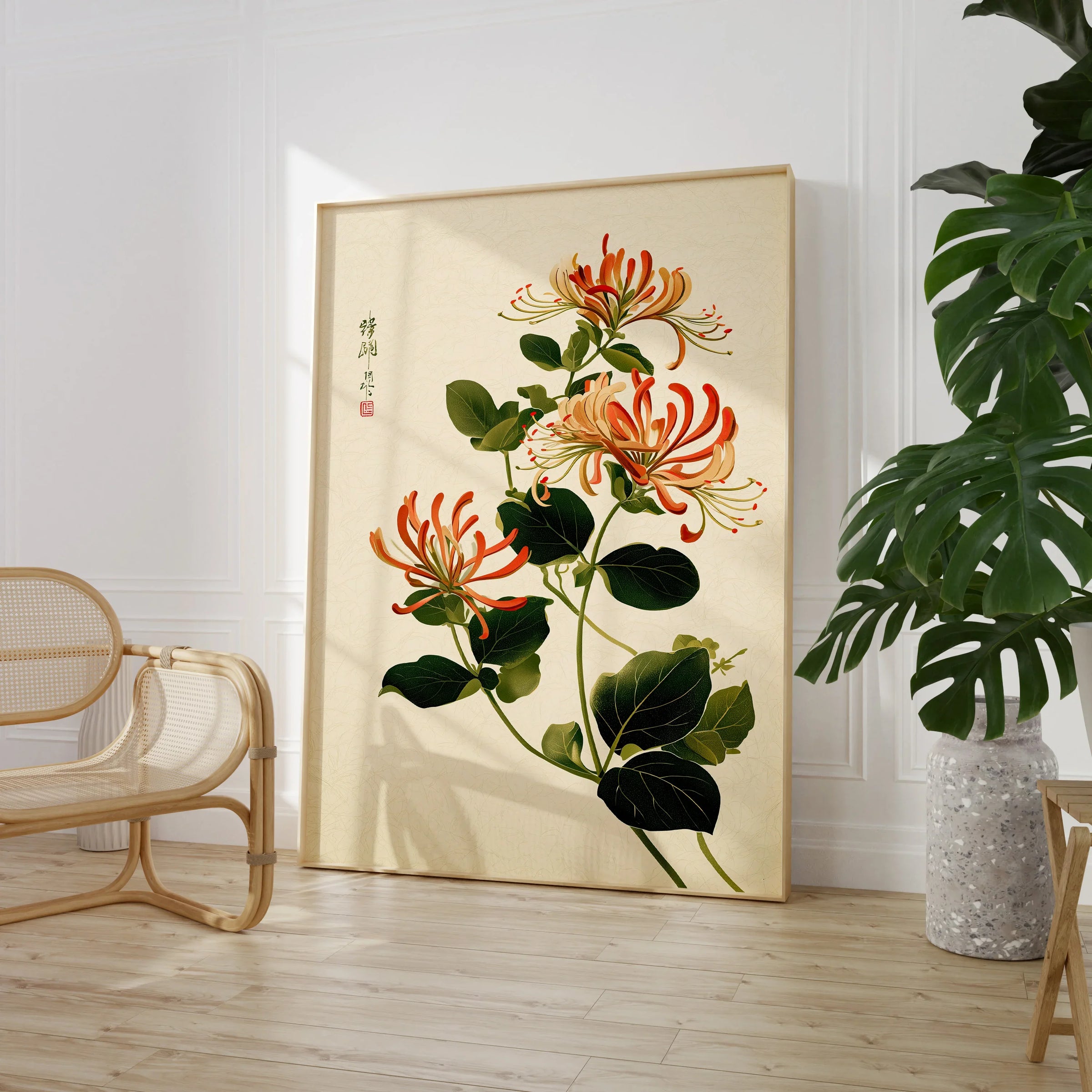 Japanese Floral Art Print – Honeysuckle Botanical Wall Art — large framed print room setting chair plant