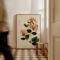 Japanese Floral Art Print – Honeysuckle Botanical Wall Art — framed canvas on floor man walking past