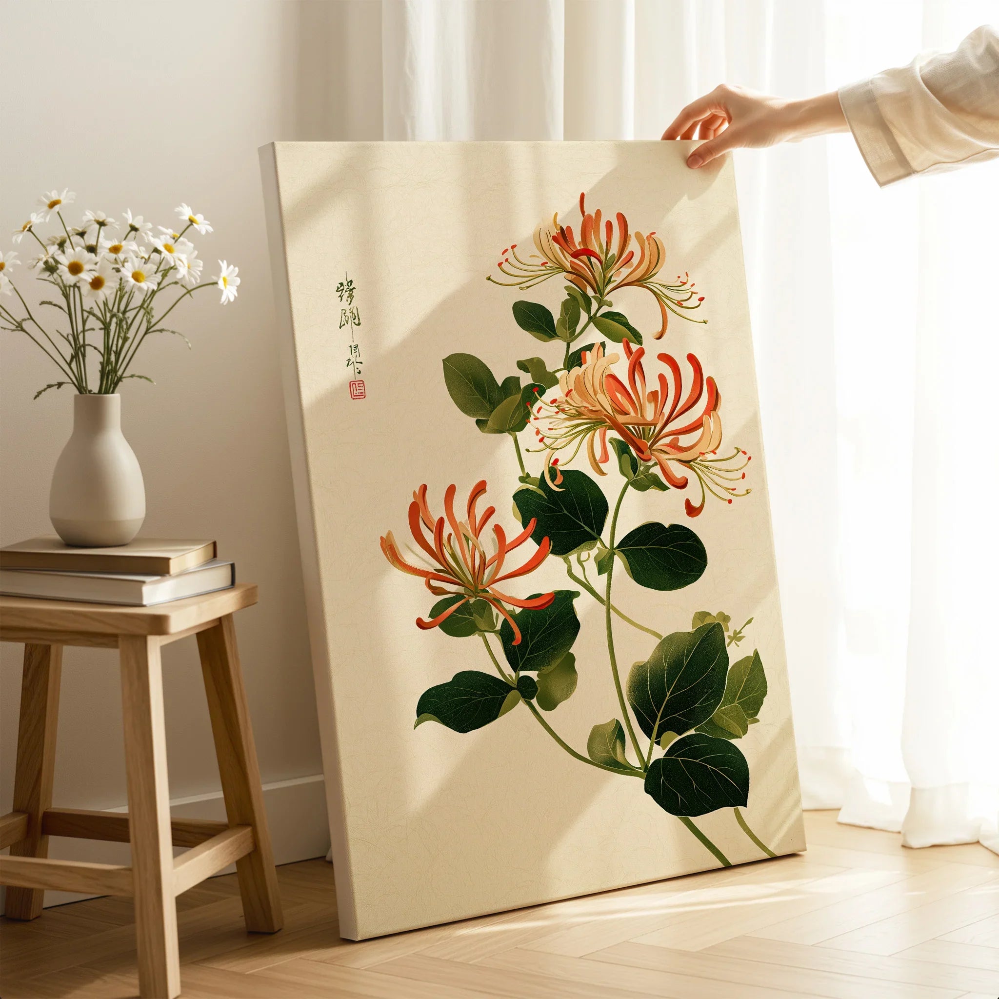 Japanese Floral Art Print – Honeysuckle Botanical Wall Art — canvas print mirror edge hand holding room setting