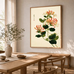 Japanese Floral Art Print – Honeysuckle Botanical Wall Art — dining room framed print natural wood frame