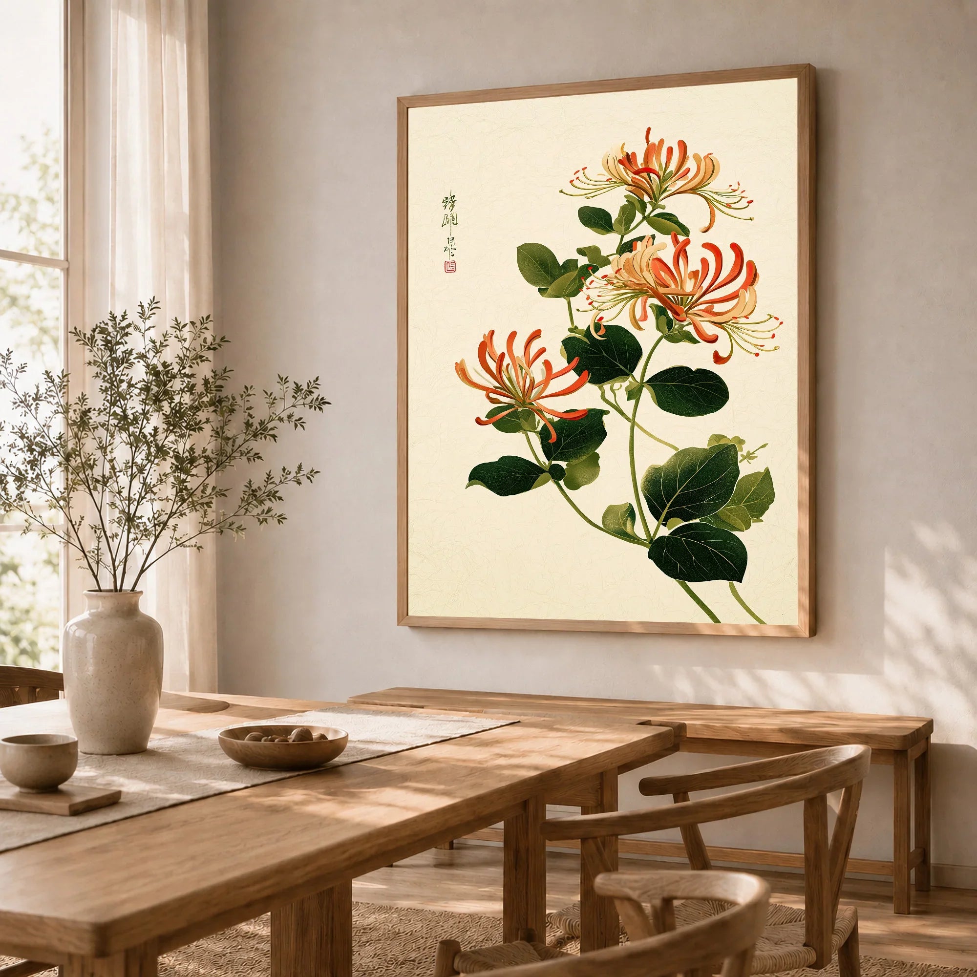Japanese Floral Art Print – Honeysuckle Botanical Wall Art — dining room framed print natural wood frame