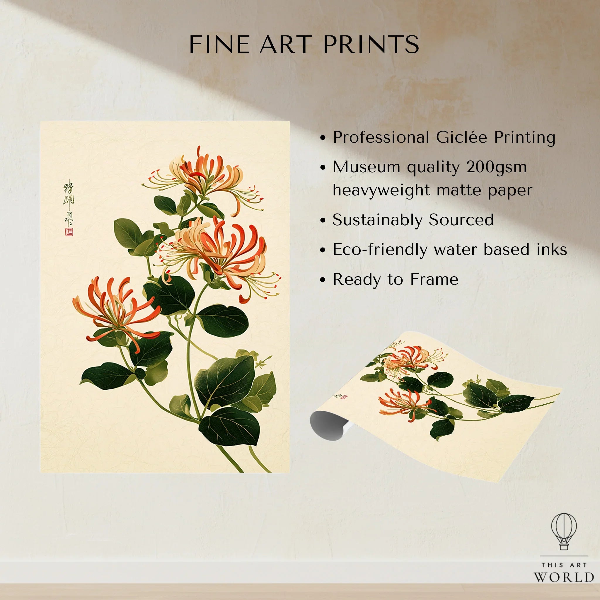 Japanese Floral Art Print – Honeysuckle Botanical Wall Art — fine art print unframed quality details