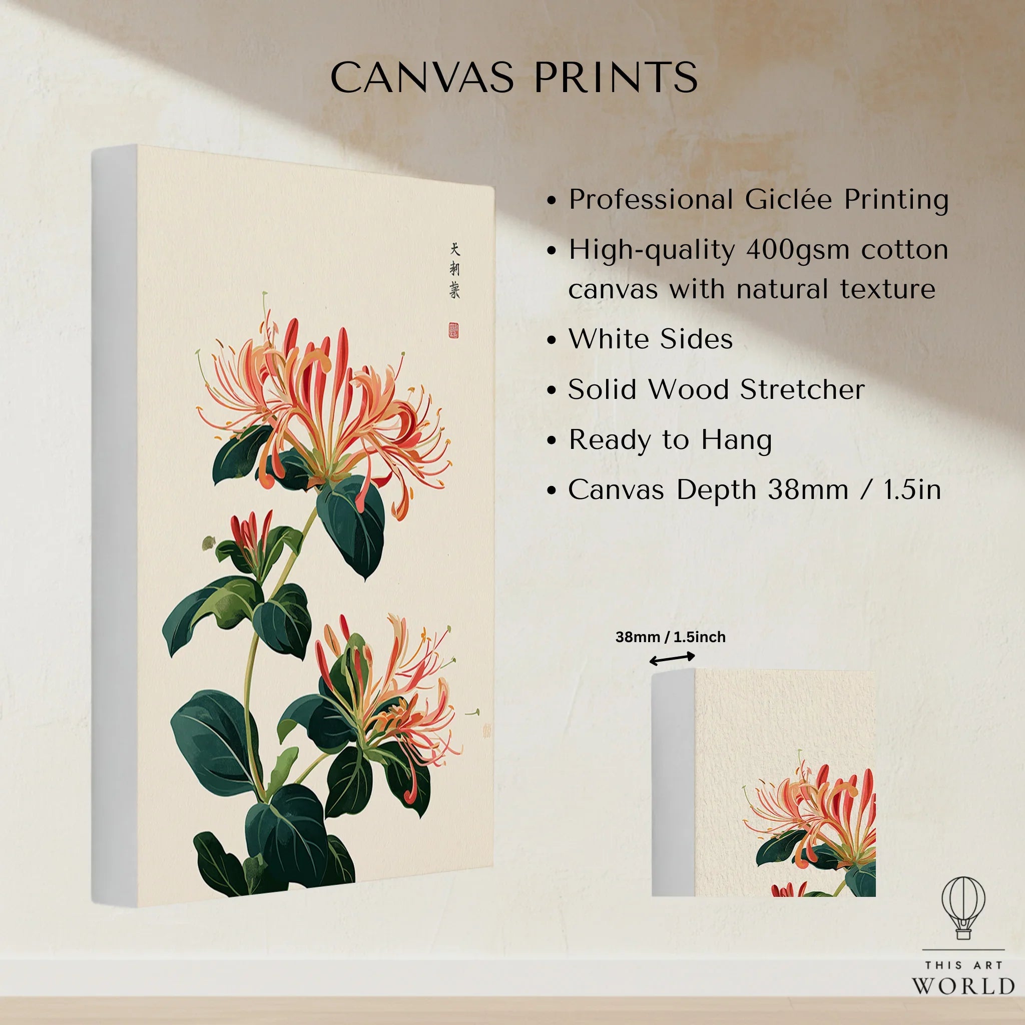Japanese Honeysuckle Wall Art – Vintage Flower Print — canvas print stretched cotton canvas details