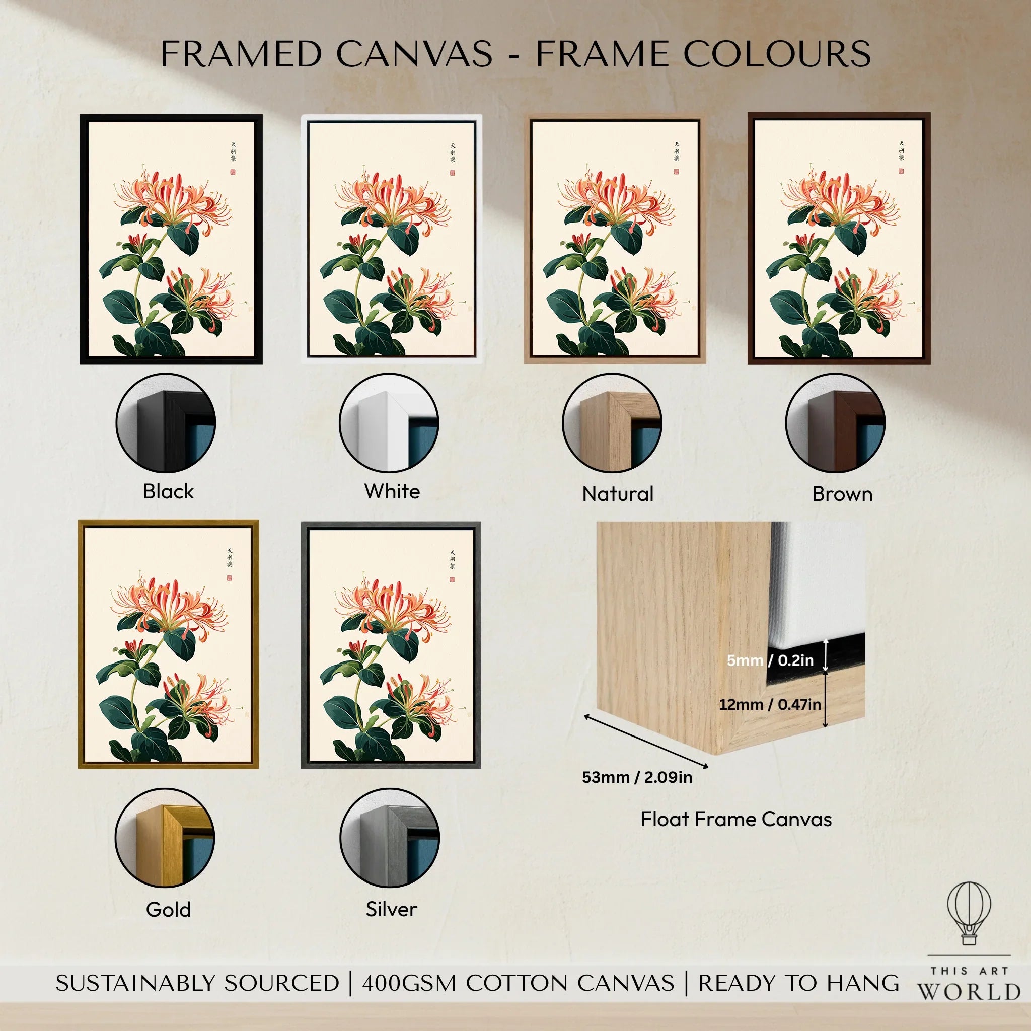 Japanese Honeysuckle Wall Art – Vintage Flower Print — framed canvas float frame colour options