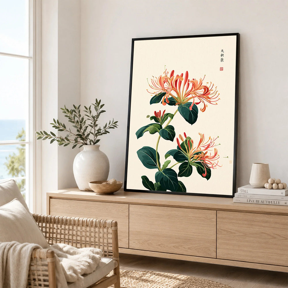 Japanese Honeysuckle Wall Art – Vintage Flower Print — framed artwork living room lifestyle setting