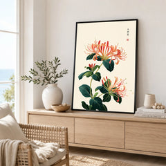 Japanese Honeysuckle Wall Art – Vintage Flower Print — framed artwork living room lifestyle setting