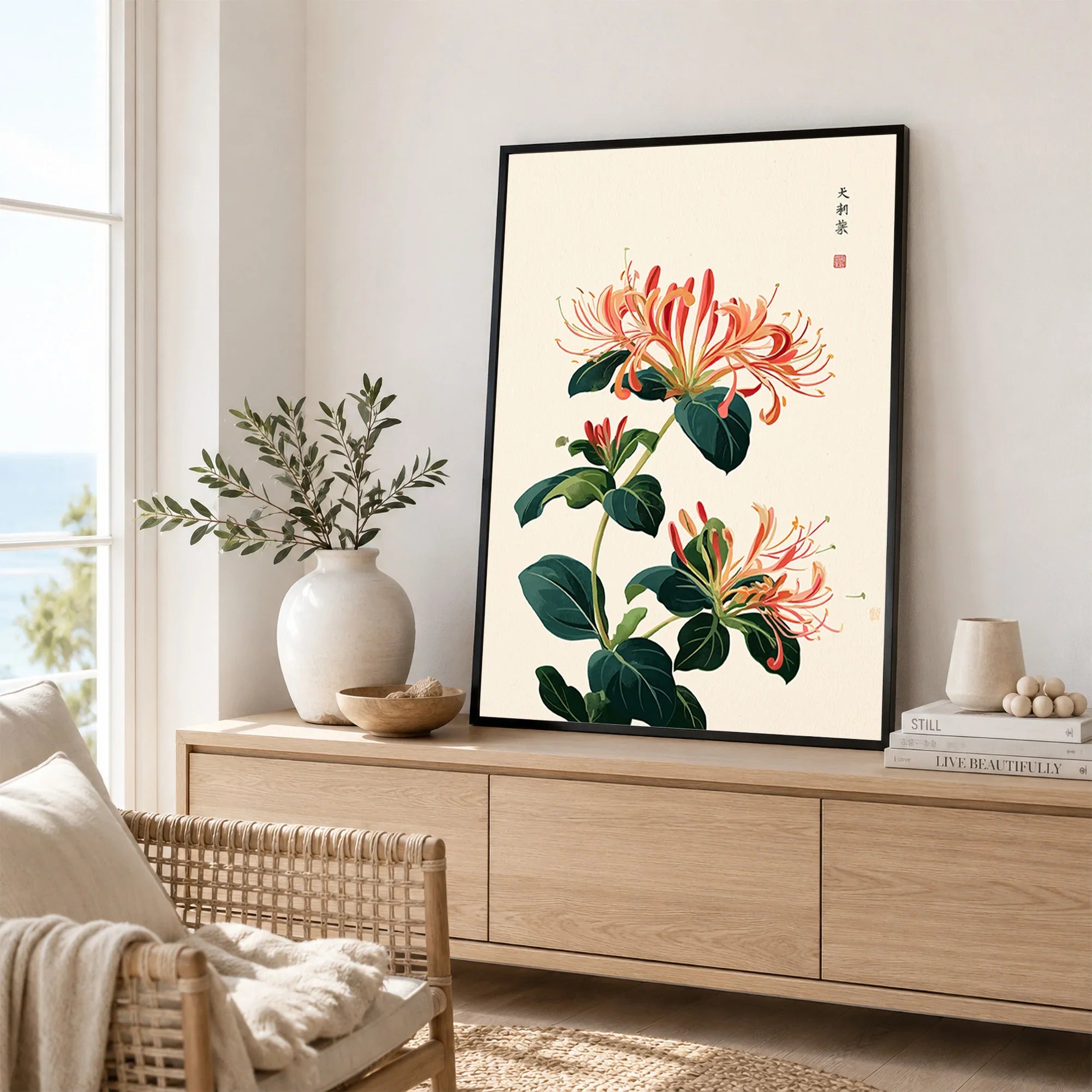 Japanese Honeysuckle Wall Art – Vintage Flower Print — framed artwork living room lifestyle setting