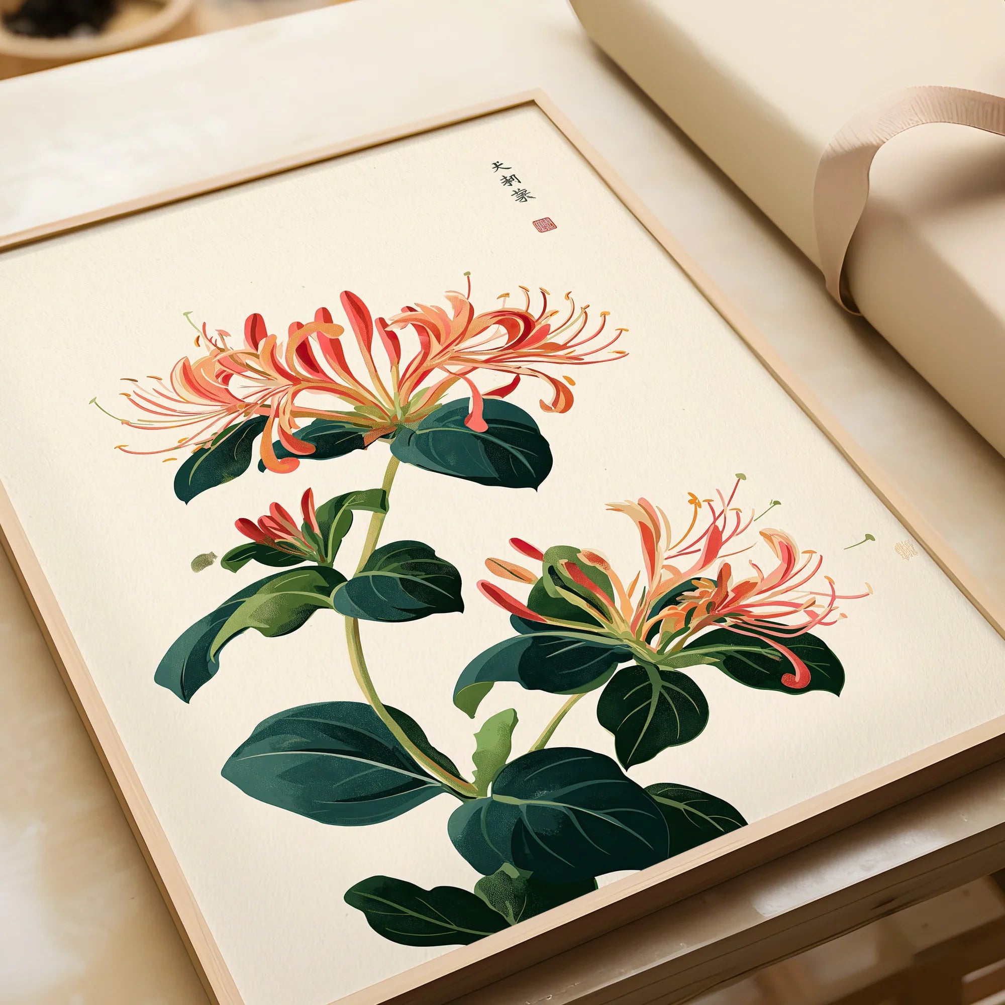 Japanese Honeysuckle Wall Art – Vintage Flower Print — framed art print closeup gift unwrapped natural frame