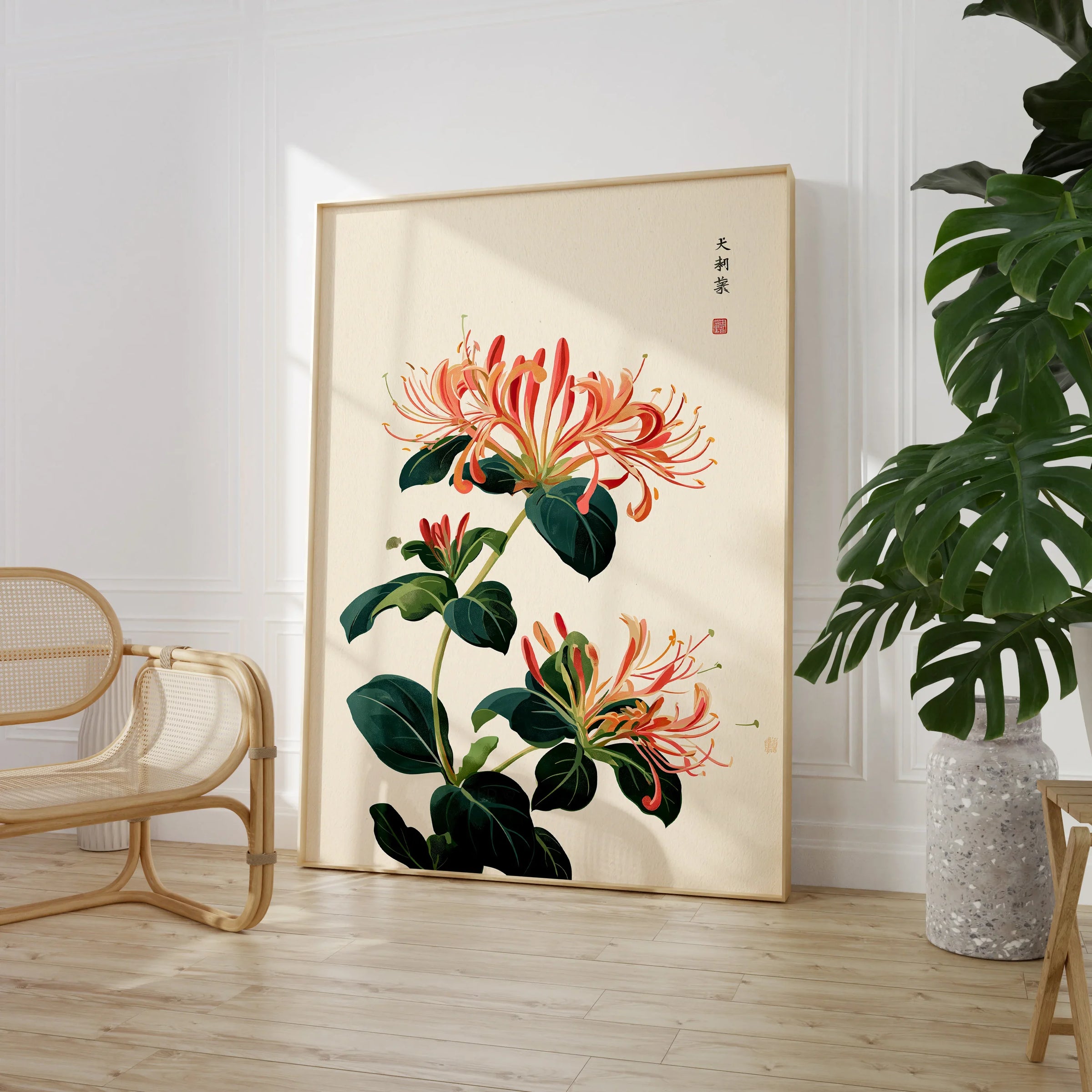 Japanese Honeysuckle Wall Art – Vintage Flower Print — large framed print room setting chair plant