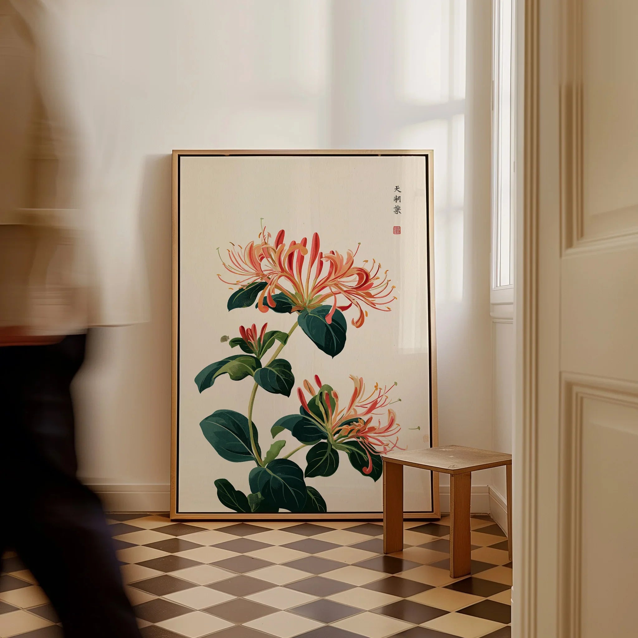 Japanese Honeysuckle Wall Art – Vintage Flower Print — framed canvas on floor man walking past