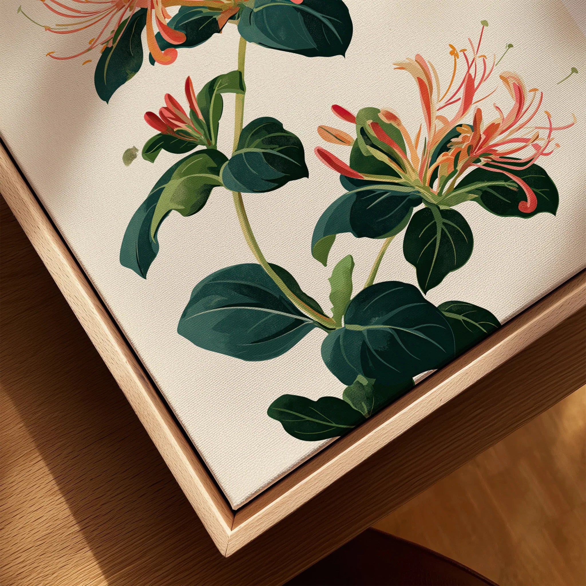 Japanese Honeysuckle Wall Art – Vintage Flower Print — closeup framed canvas natural wood floating frame