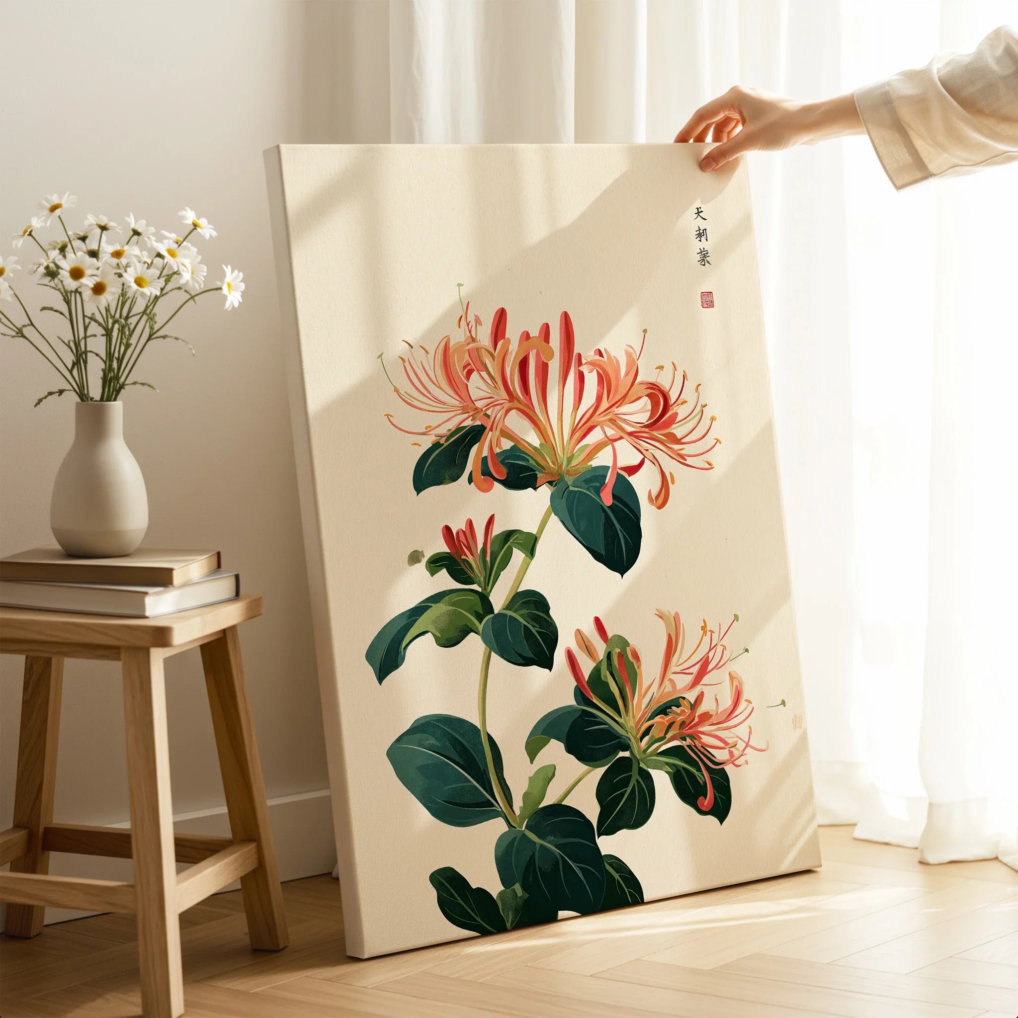 Japanese Honeysuckle Wall Art – Vintage Flower Print — canvas print mirror edge hand holding room setting