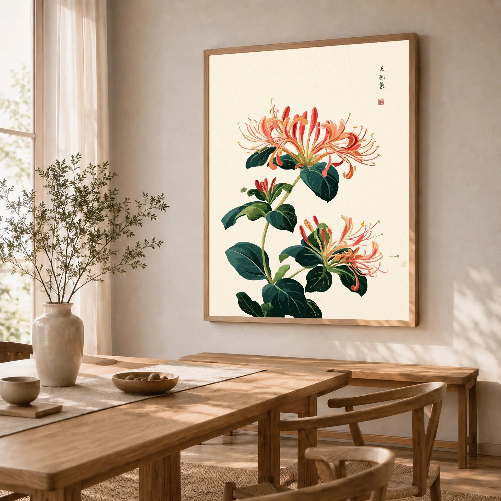 Japanese Honeysuckle Wall Art – Vintage Flower Print — dining room framed print natural wood frame
