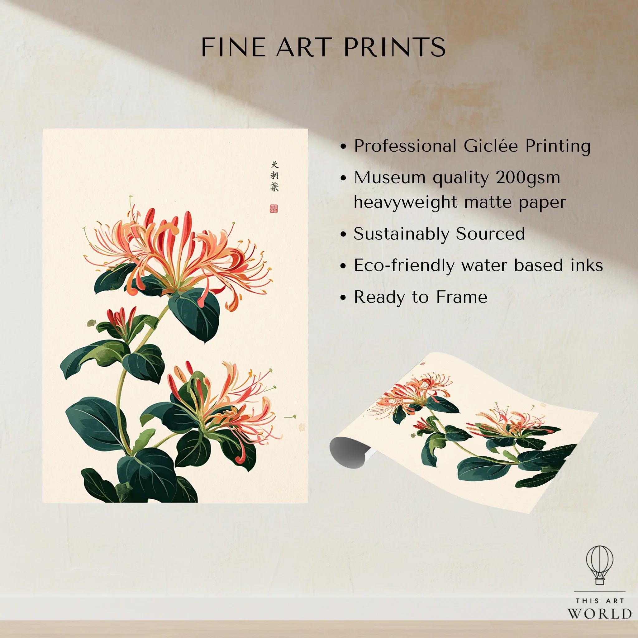 Japanese Honeysuckle Wall Art – Vintage Flower Print — fine art print unframed quality details
