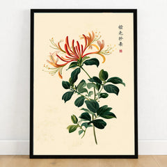 Japanese Flower Art Print – Vintage Honeysuckle Wall Art — art print in black frame on wooden floor