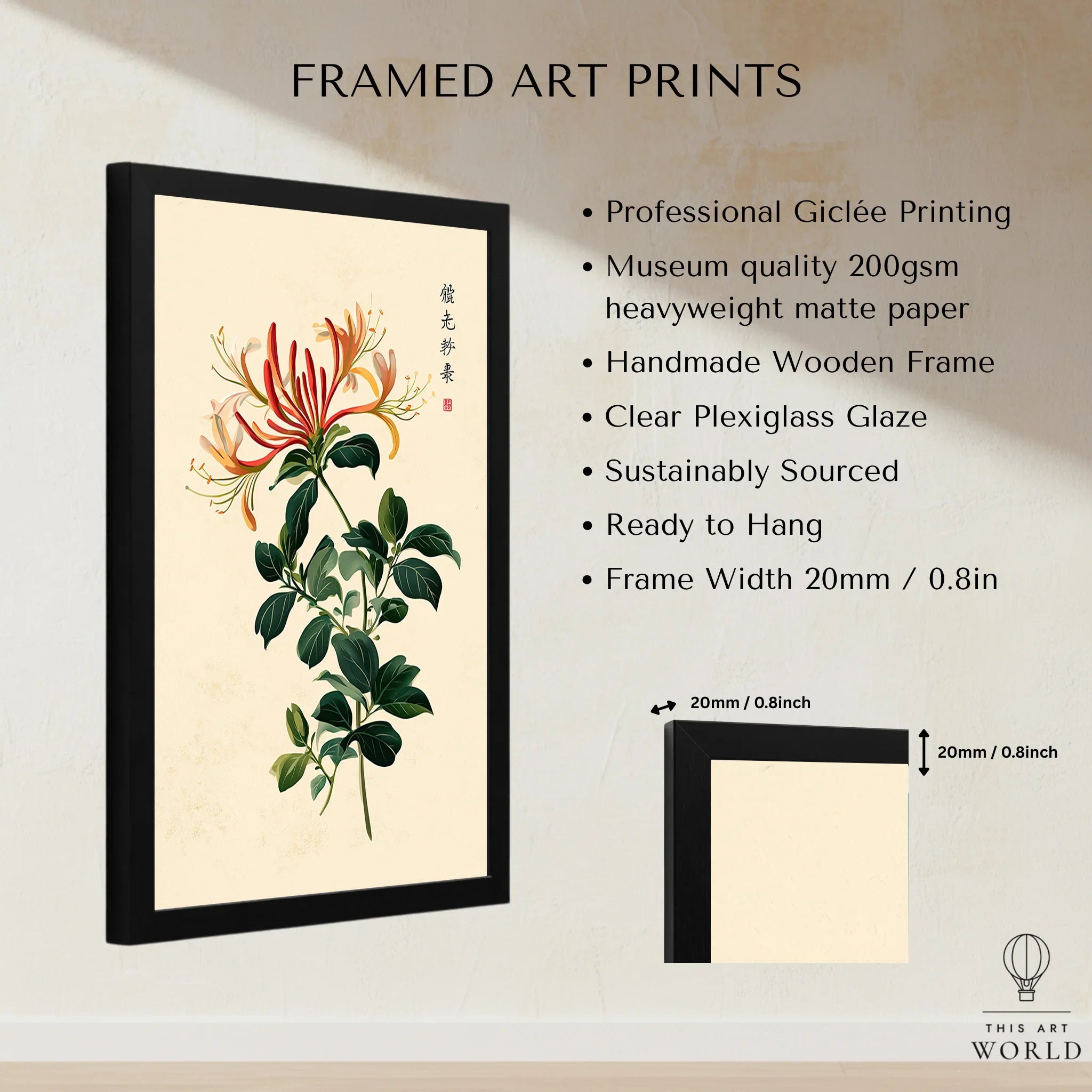 Japanese Flower Art Print – Vintage Honeysuckle Wall Art — framed print details measurements quality details