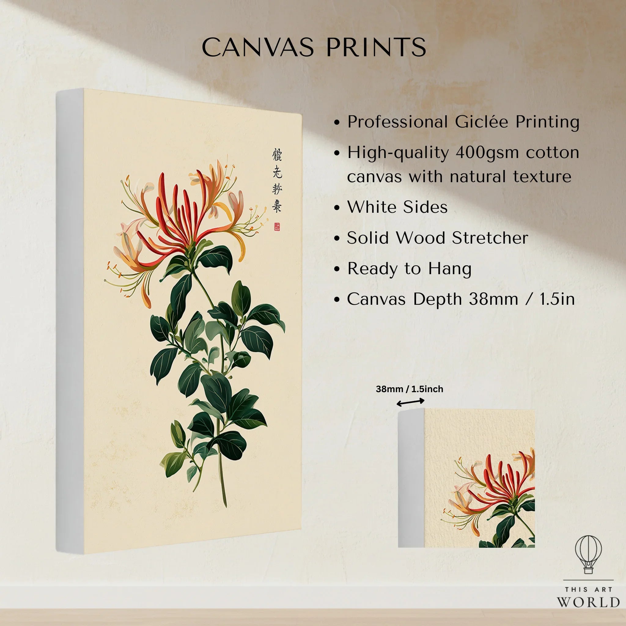 Japanese Flower Art Print – Vintage Honeysuckle Wall Art — canvas print stretched cotton canvas details