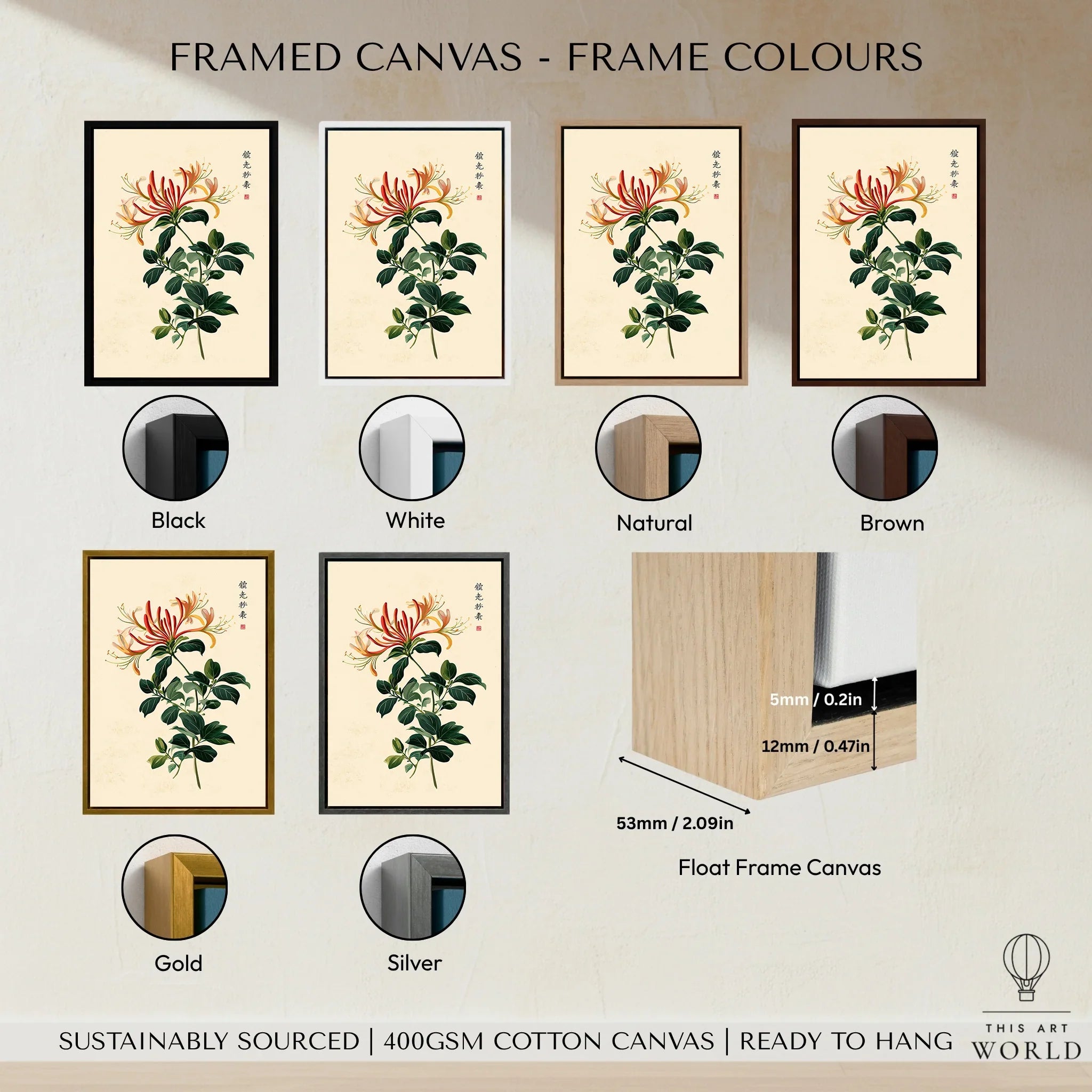 Japanese Flower Art Print – Vintage Honeysuckle Wall Art — framed canvas float frame colour options
