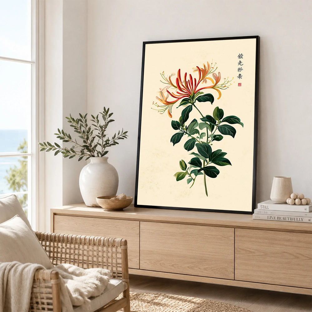 Japanese Flower Art Print – Vintage Honeysuckle Wall Art — framed artwork living room lifestyle setting