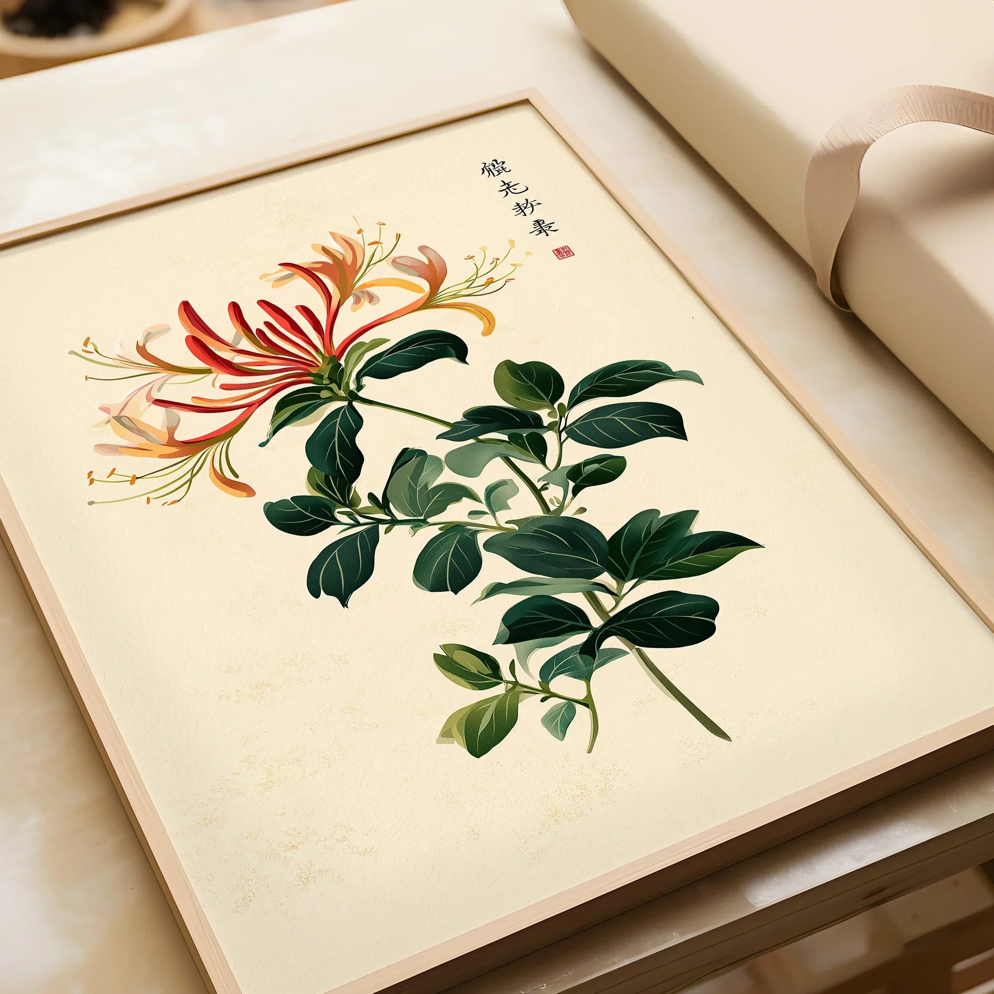 Japanese Flower Art Print – Vintage Honeysuckle Wall Art — framed art print closeup gift unwrapped natural frame