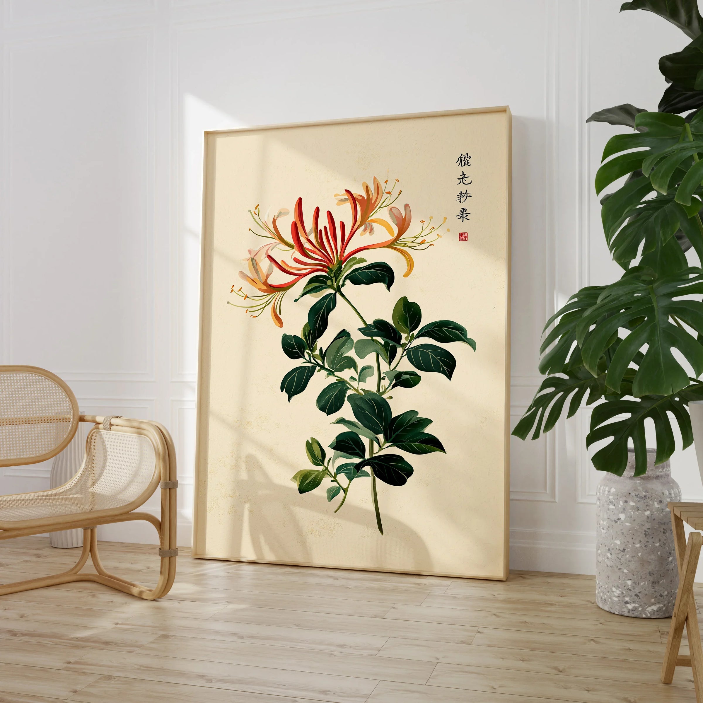 Japanese Flower Art Print – Vintage Honeysuckle Wall Art — large framed print room setting chair plant