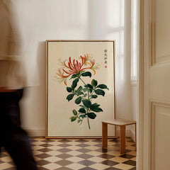 Japanese Flower Art Print – Vintage Honeysuckle Wall Art — framed canvas on floor man walking past