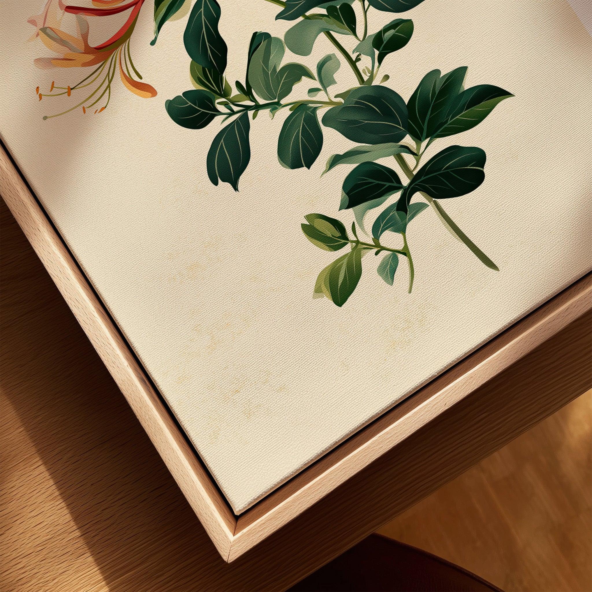 Japanese Flower Art Print – Vintage Honeysuckle Wall Art — closeup framed canvas natural wood floating frame