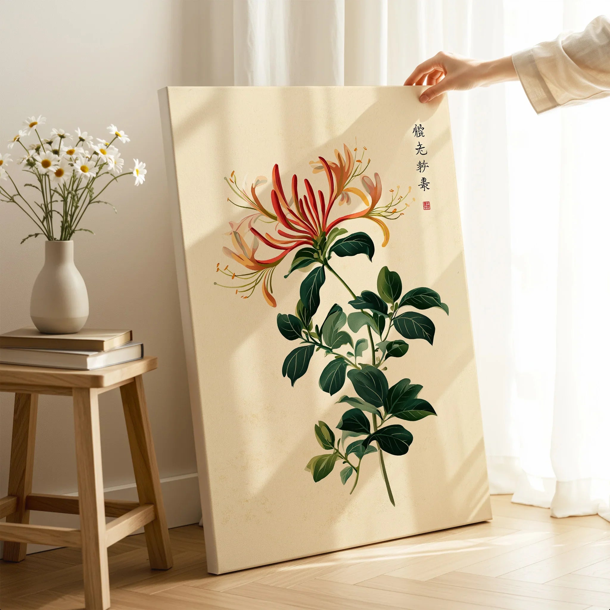Japanese Flower Art Print – Vintage Honeysuckle Wall Art — canvas print mirror edge hand holding room setting