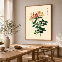Japanese Flower Art Print – Vintage Honeysuckle Wall Art — dining room framed print natural wood frame