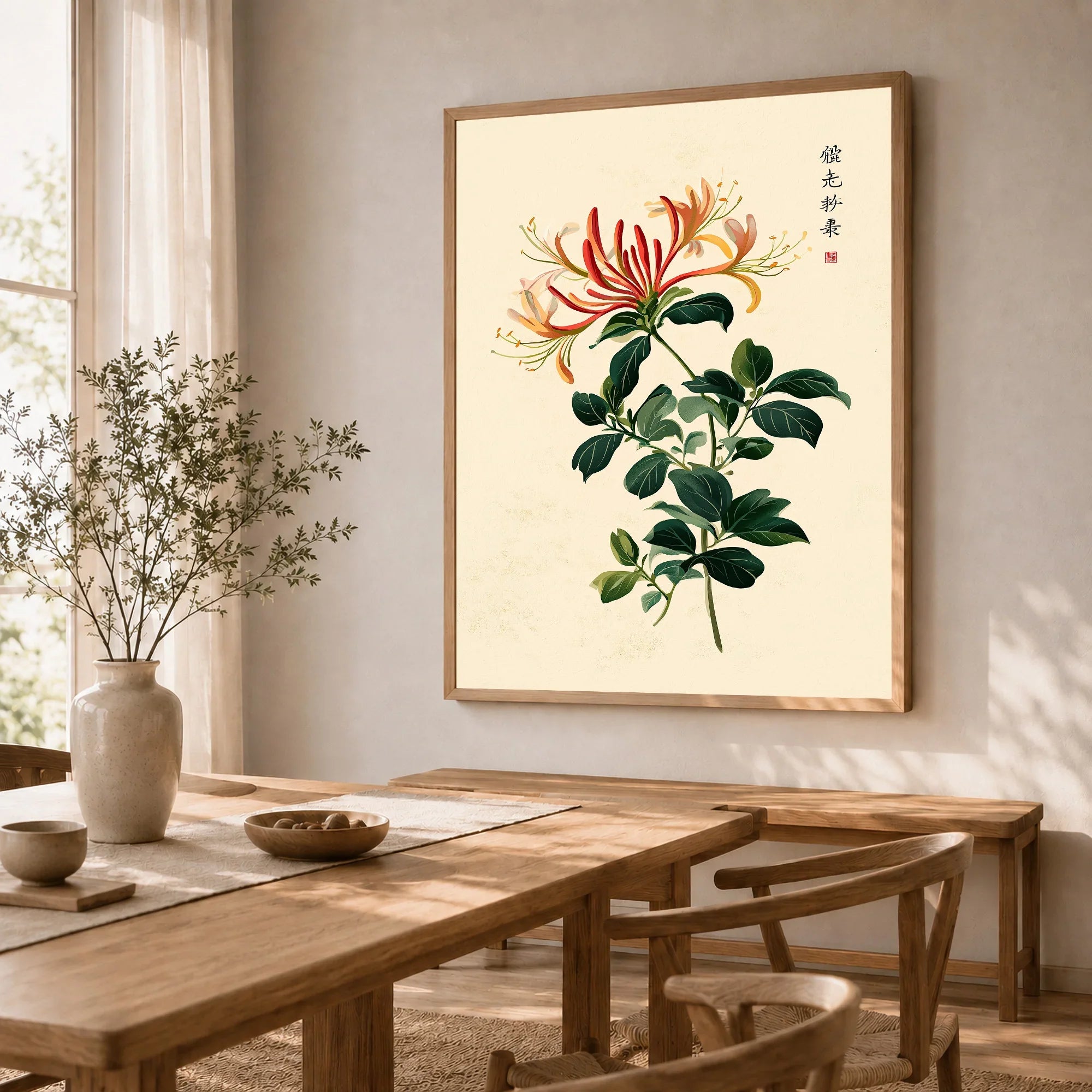 Japanese Flower Art Print – Vintage Honeysuckle Wall Art — dining room framed print natural wood frame