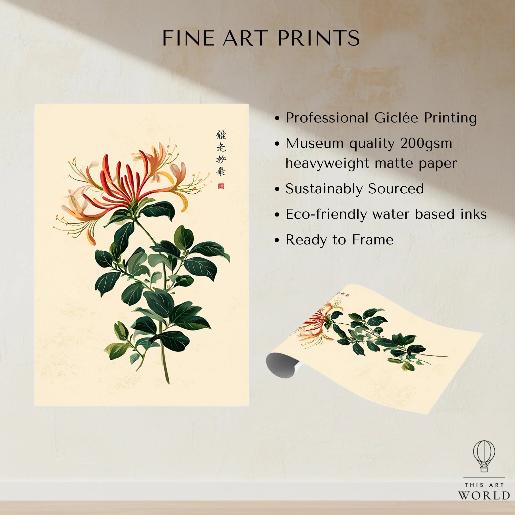 Japanese Flower Art Print – Vintage Honeysuckle Wall Art — fine art print unframed quality details