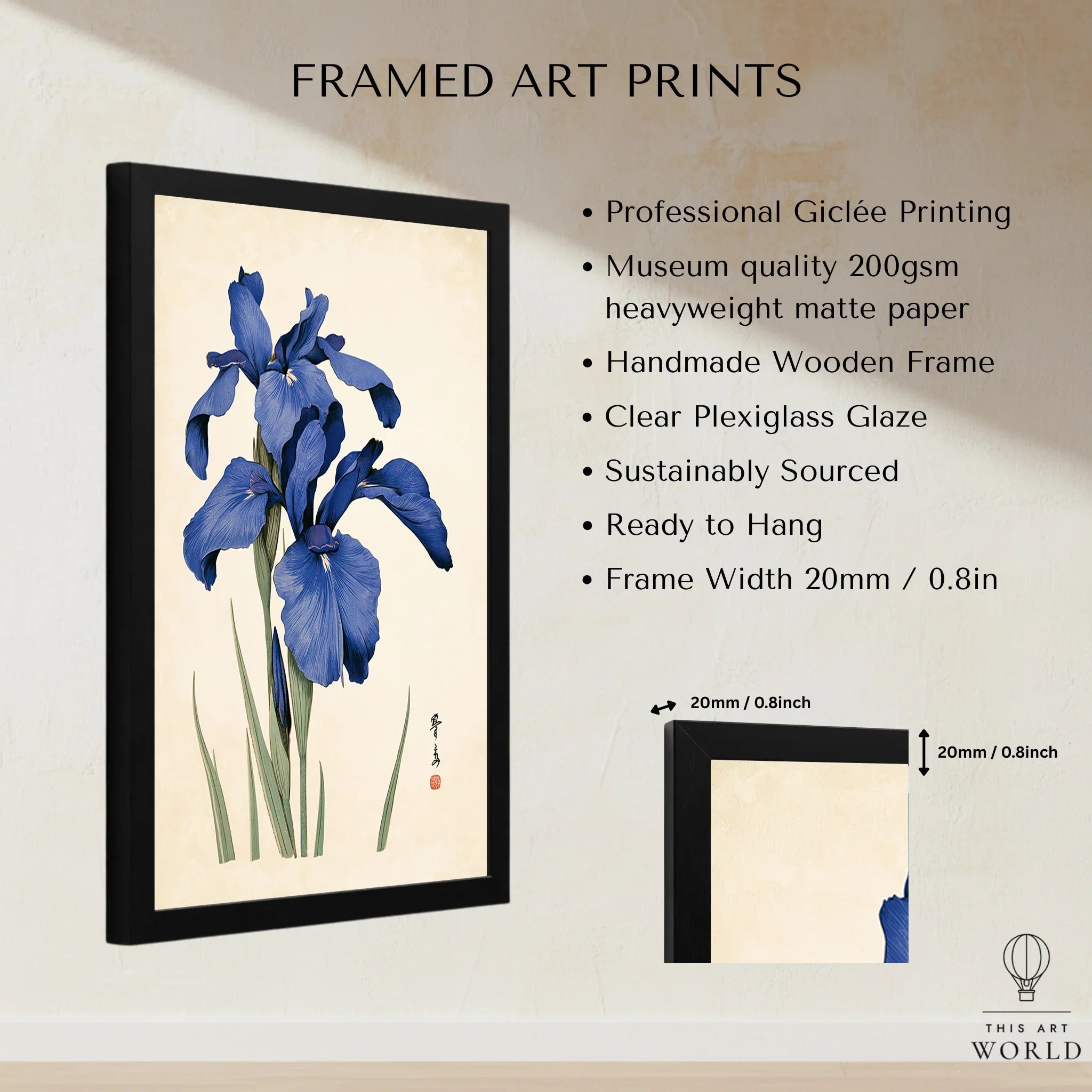 Japanese Iris Flower Art Print – Vintage Botanical Wall Art — framed print details measurements quality details