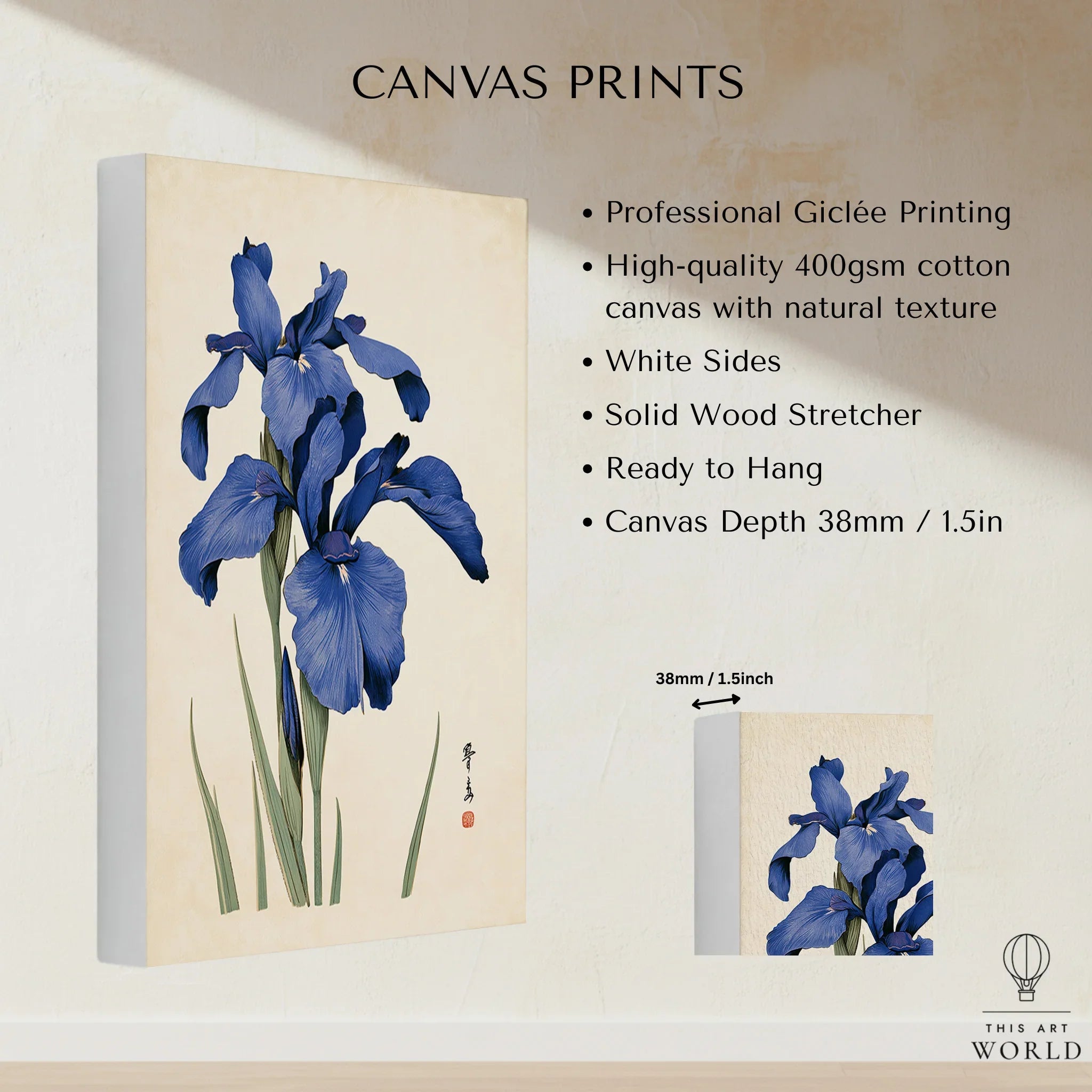 Japanese Iris Flower Art Print – Vintage Botanical Wall Art — canvas print stretched cotton canvas details