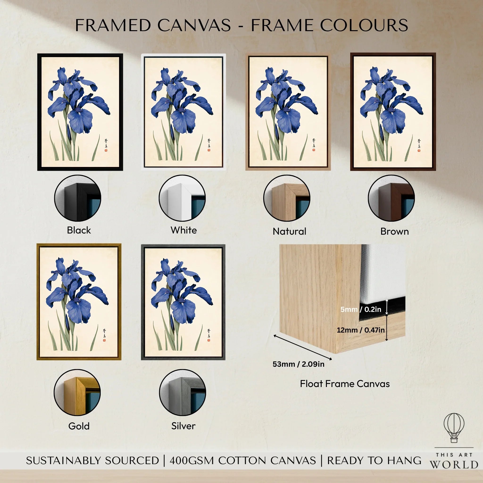 Japanese Iris Flower Art Print – Vintage Botanical Wall Art — framed canvas float frame colour options