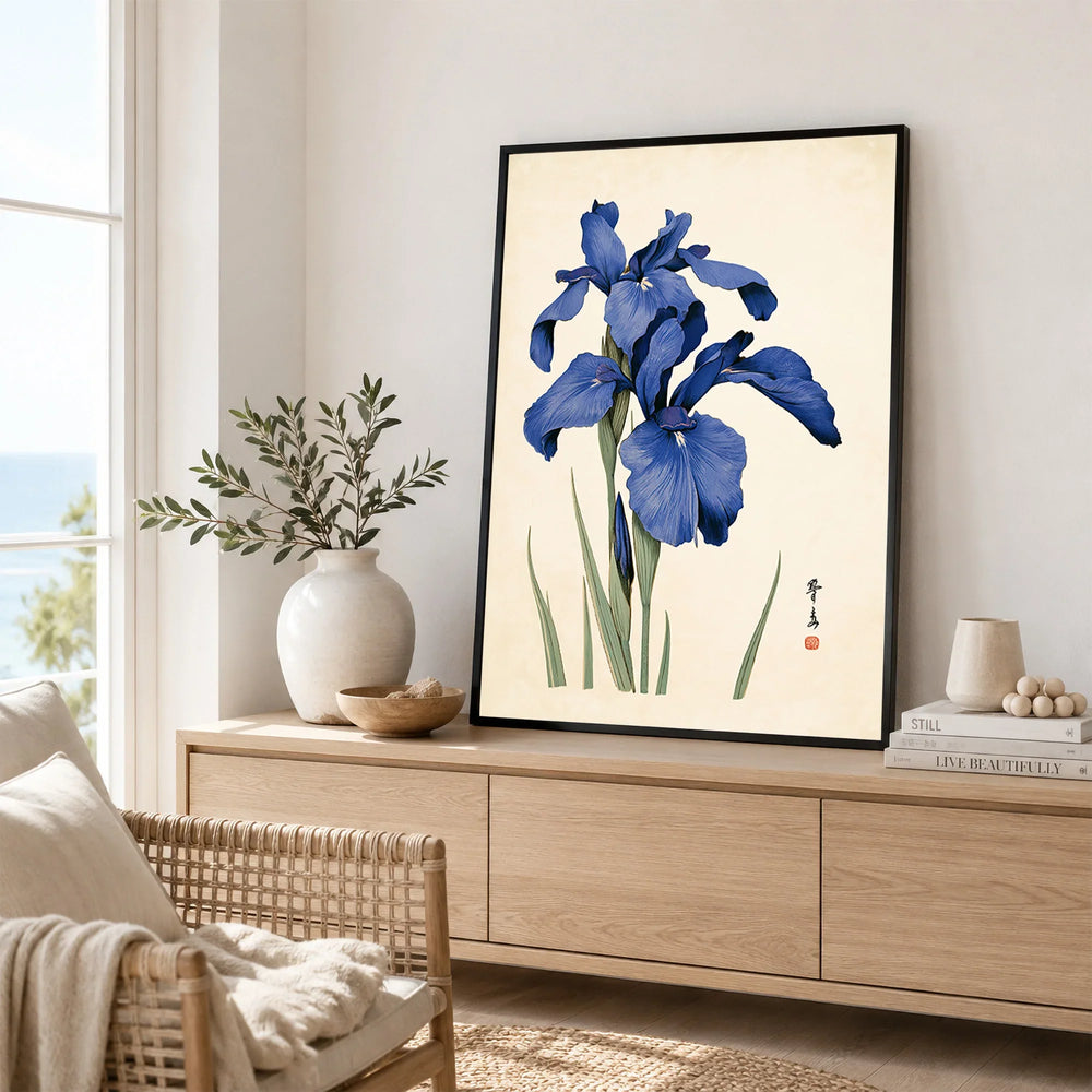Japanese Iris Flower Art Print – Vintage Botanical Wall Art — framed artwork living room lifestyle setting