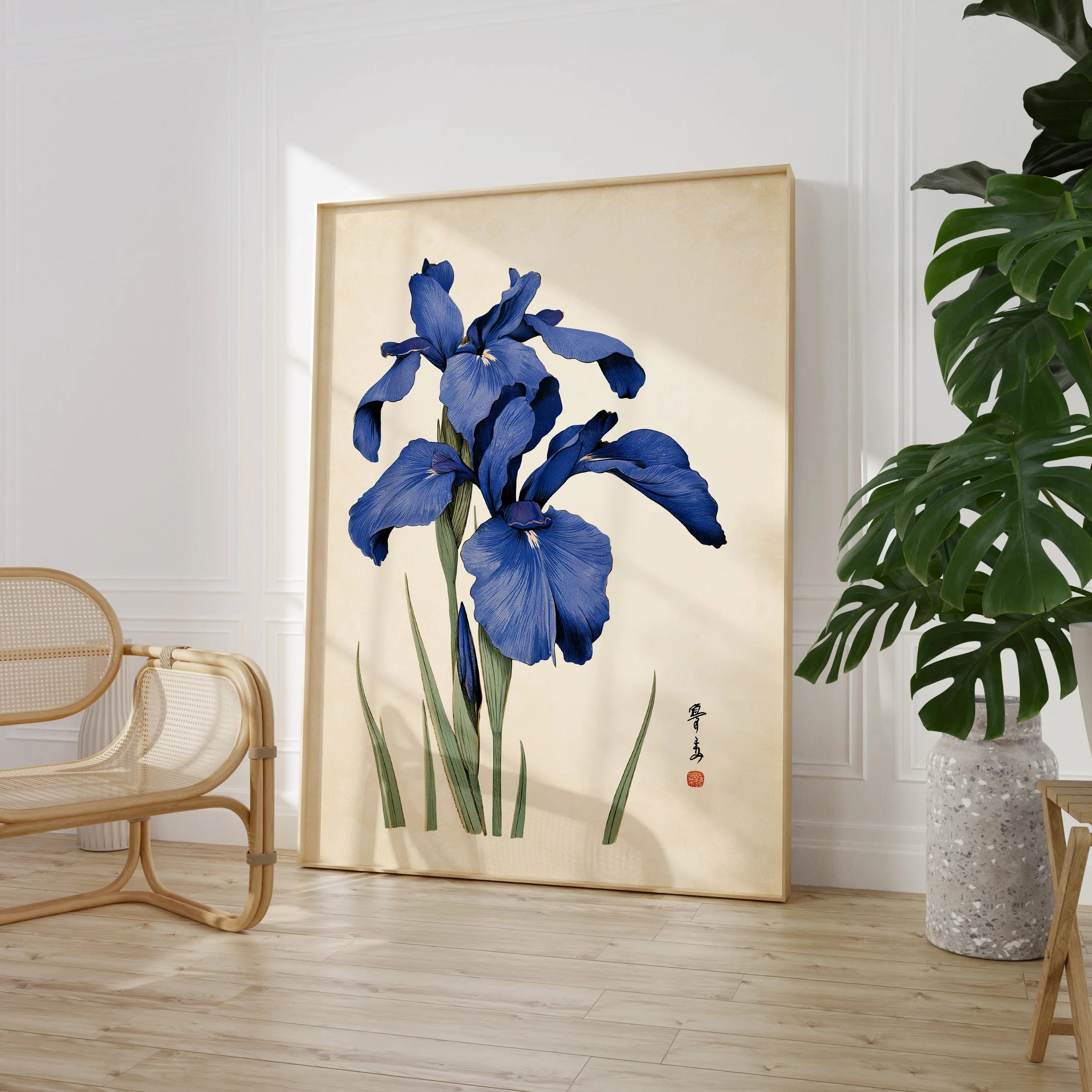 Japanese Iris Flower Art Print – Vintage Botanical Wall Art — large framed print room setting chair plant
