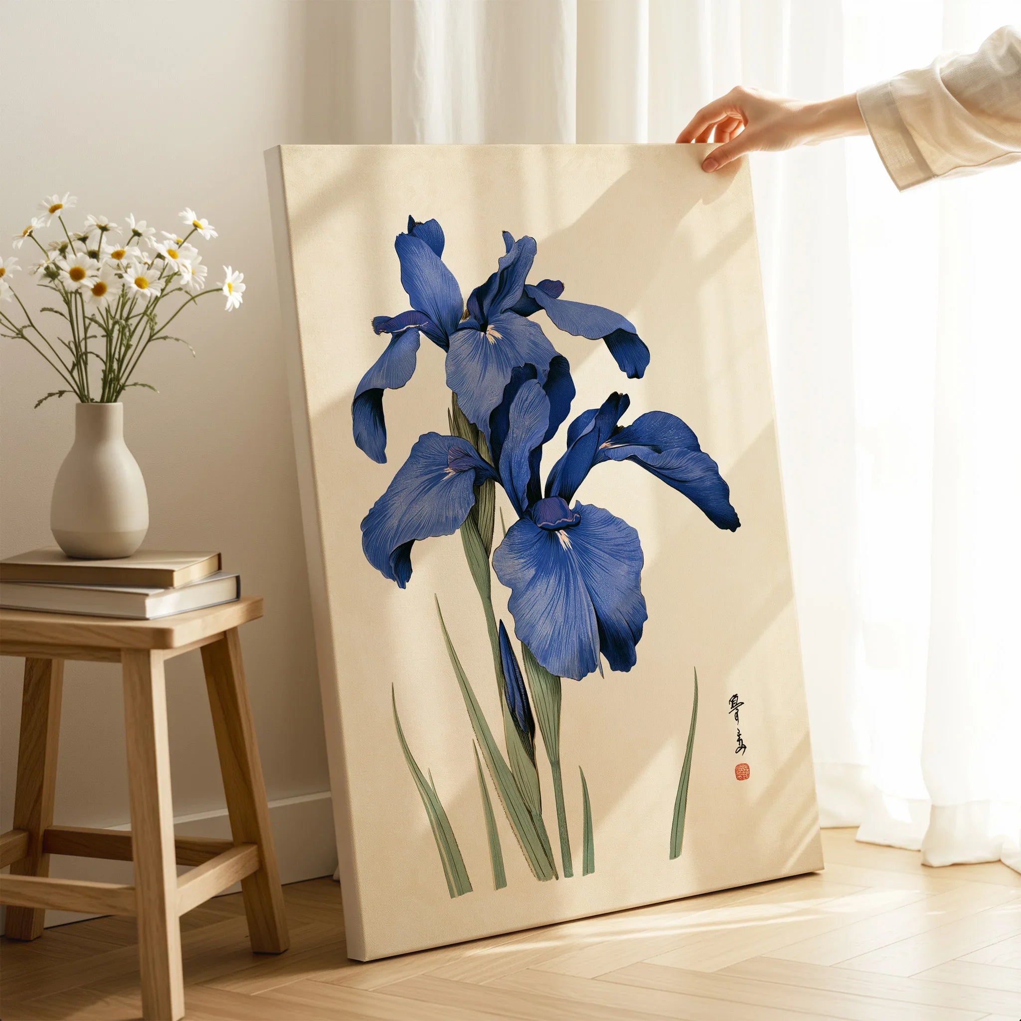 Japanese Iris Flower Art Print – Vintage Botanical Wall Art — canvas print mirror edge hand holding room setting