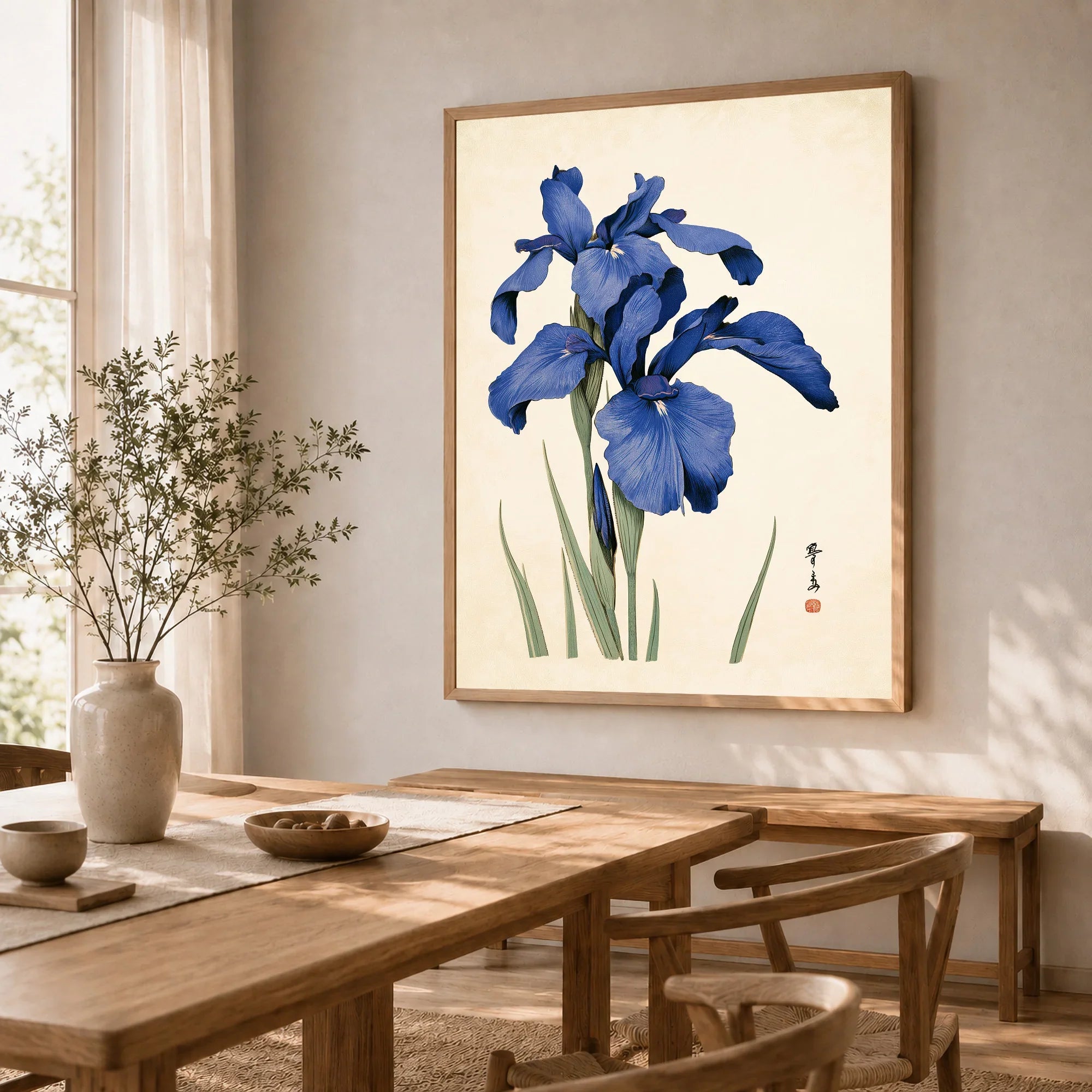Japanese Iris Flower Art Print – Vintage Botanical Wall Art — dining room framed print natural wood frame