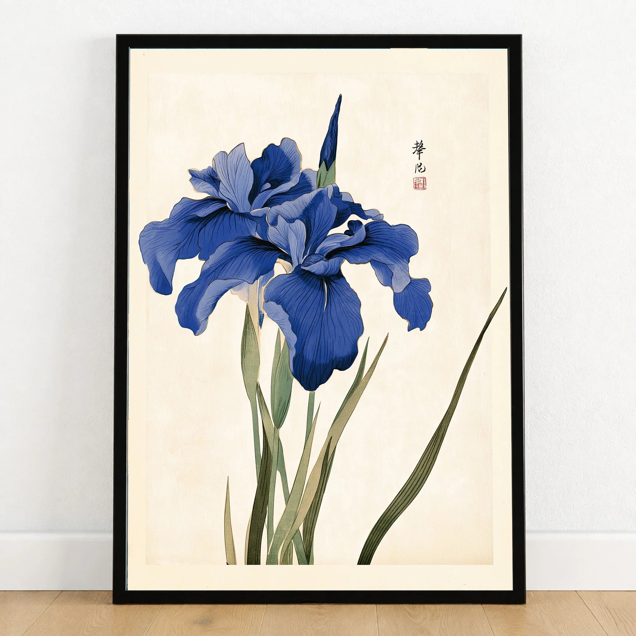 Japanese Iris Art Print – Vintage Japanese Flower Wall Art — art print in black frame on wooden floor